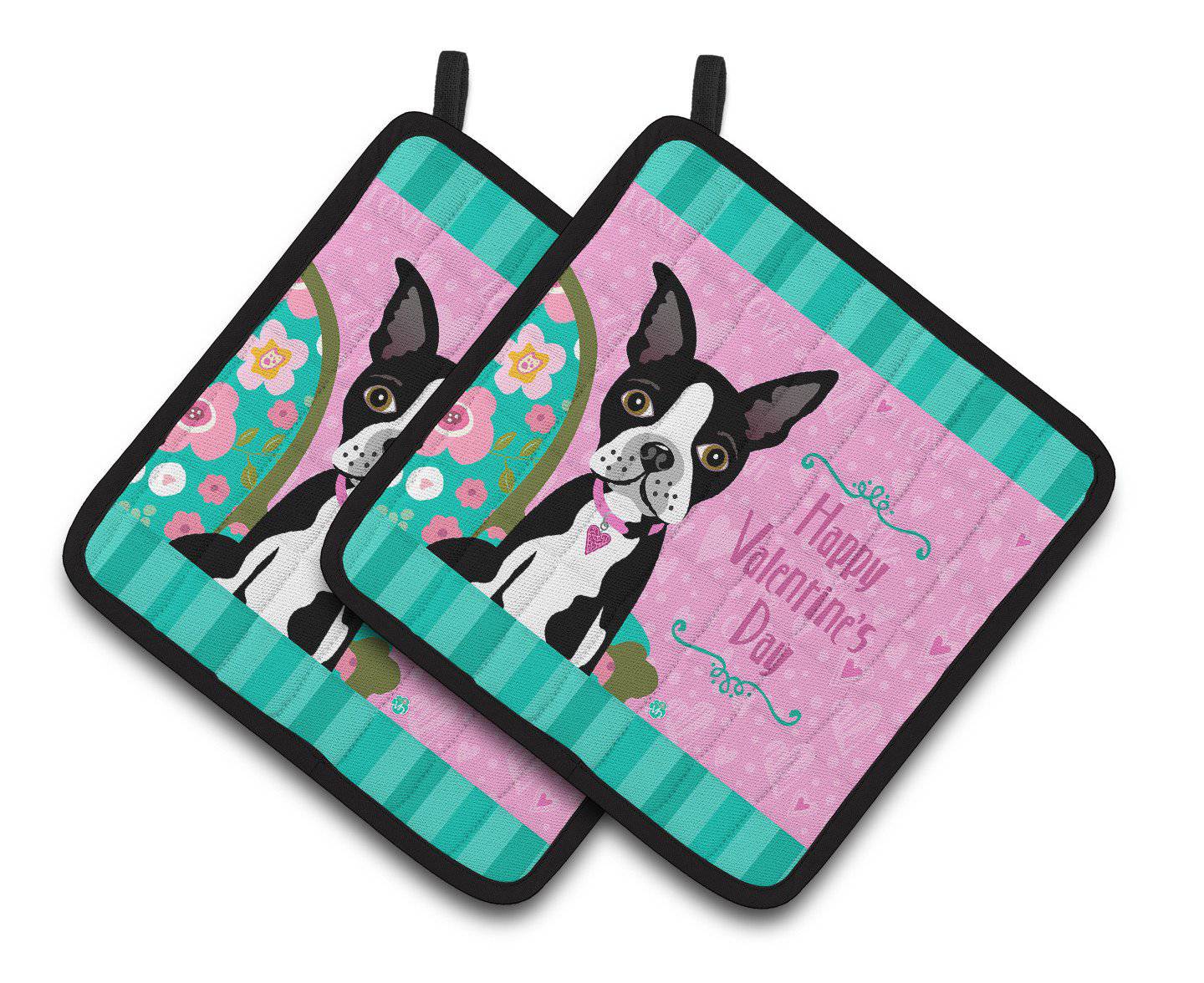 Happy Valentine's Day Boston Terrier Pot Holder Set of 2 Heat Resistant Quilted Hot Pads 7.5 x 7.5 Inch, Insulated Kitchen Trivets for Cooking & Baking