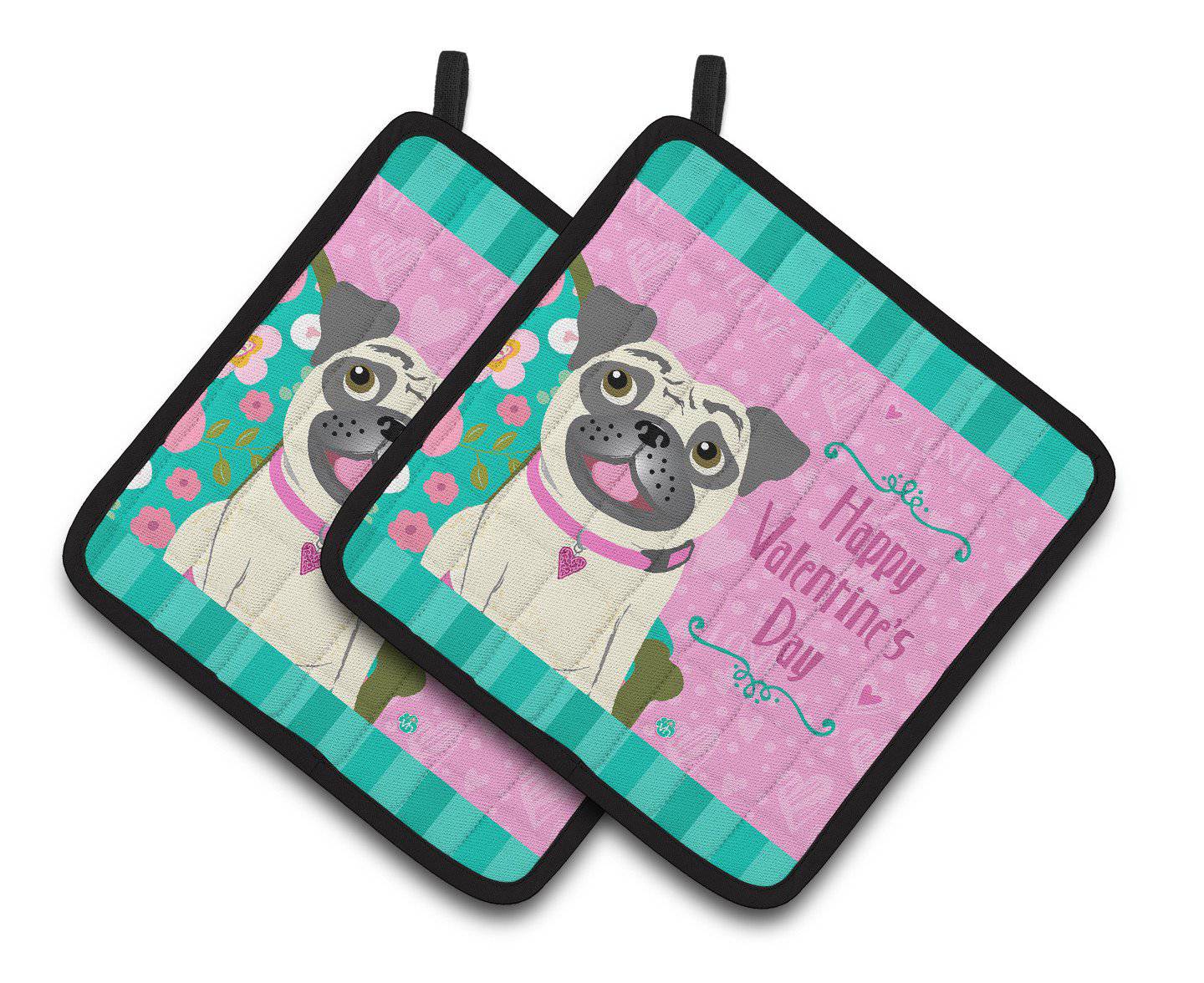 Happy Valentine's Day Pug Pot Holder Set of 2 Heat Resistant Quilted Hot Pads 7.5 x 7.5 Inch, Insulated Kitchen Trivets for Cooking & Baking