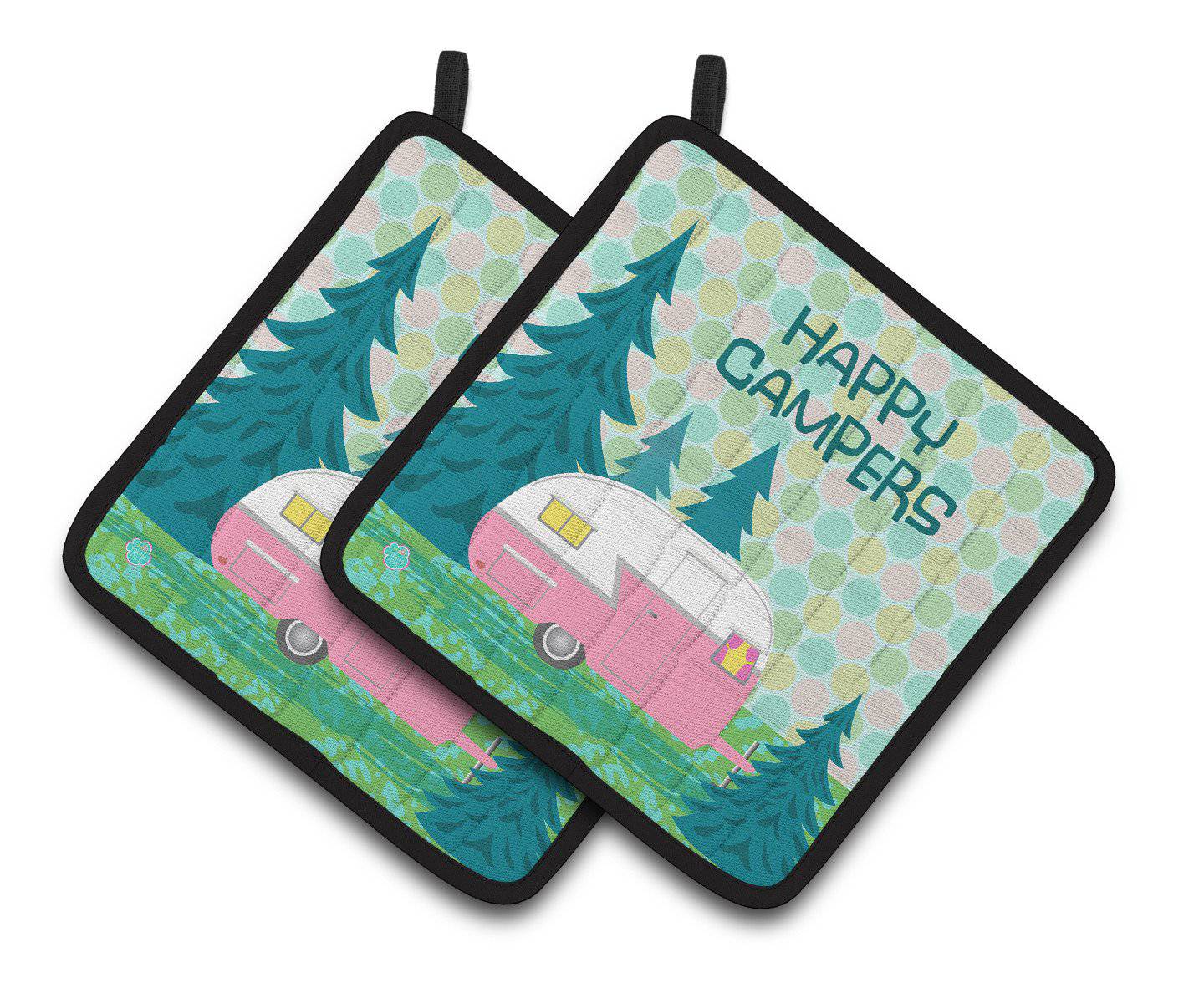 Happy Campers Glamping Trailer Pot Holder Set of 2 Heat Resistant Quilted Hot Pads 7.5 x 7.5 Inch, Insulated Kitchen Trivets for Cooking & Baking