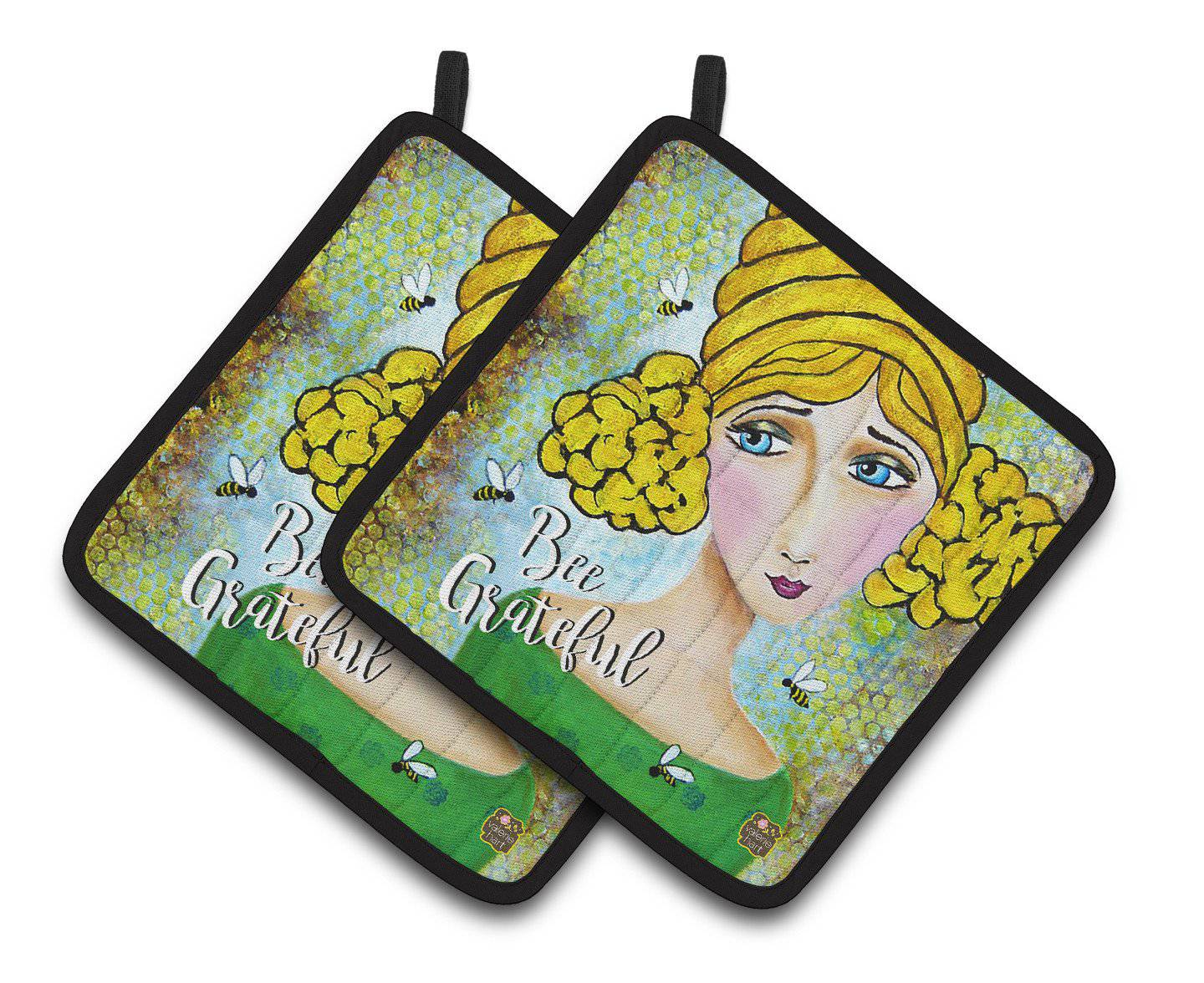 Bee Grateful Girl with Beehive Pot Holder Set of 2 Heat Resistant Quilted Hot Pads 7.5 x 7.5 Inch, Insulated Kitchen Trivets for Cooking & Baking