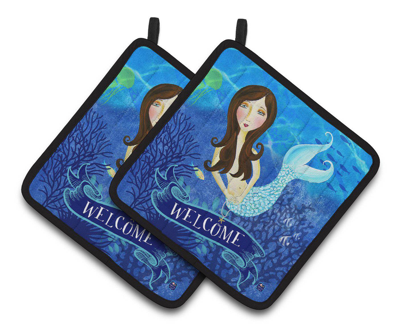 Welcome Mermaid Pot Holder Set of 2 Heat Resistant Quilted Hot Pads 7.5 x 7.5 Inch, Insulated Kitchen Trivets for Cooking & Baking