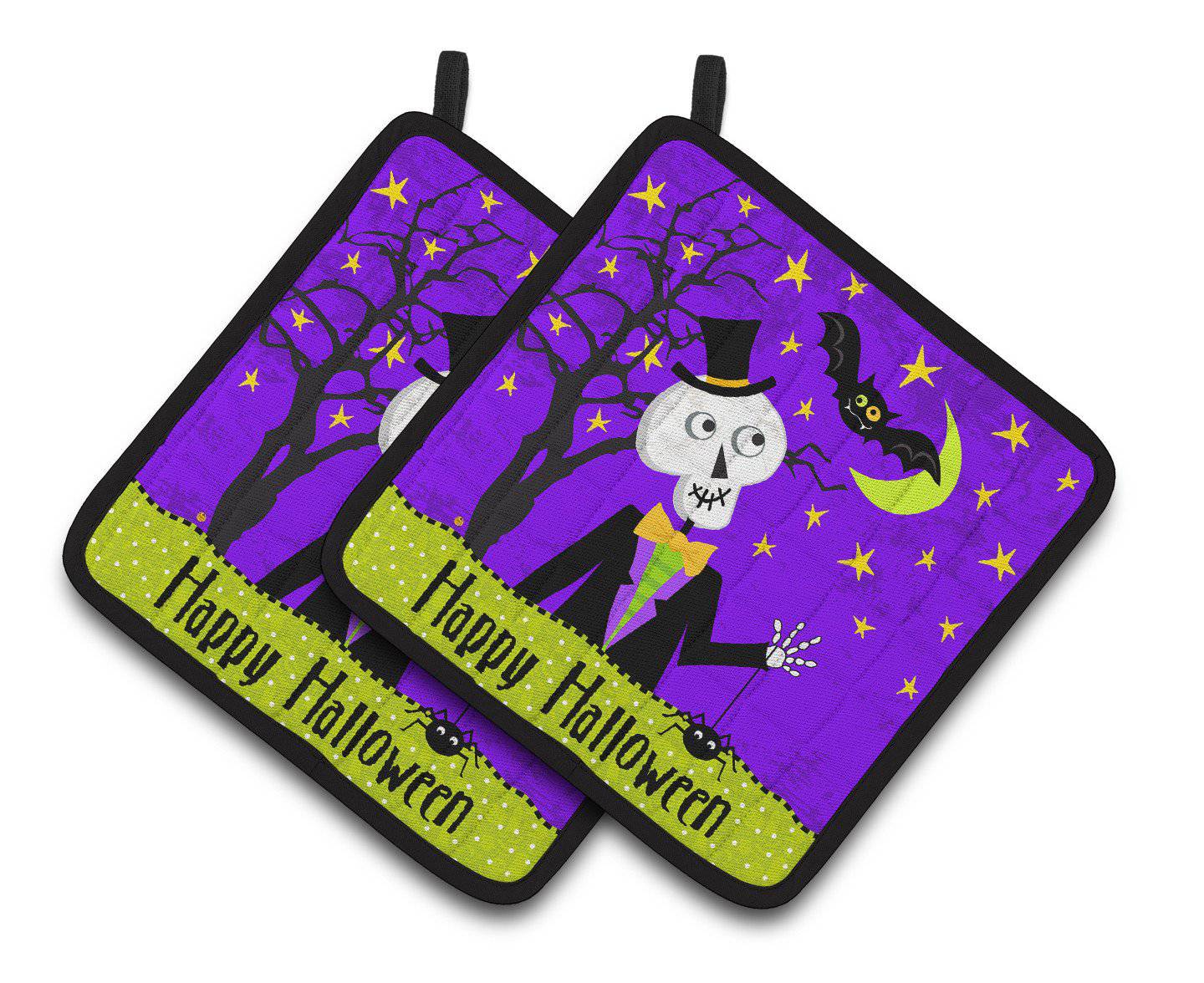 Happy Halloween Skeleton Pot Holder Set of 2 Heat Resistant Quilted Hot Pads 7.5 x 7.5 Inch, Insulated Kitchen Trivets for Cooking & Baking