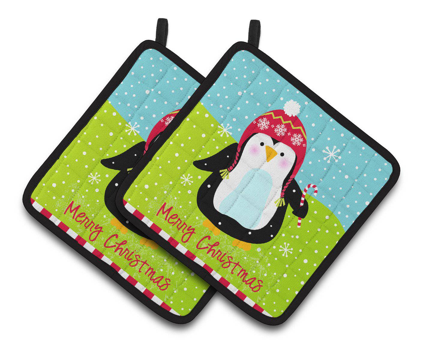 Merry Christmas Happy Penguin Pot Holder Set of 2 Heat Resistant Quilted Hot Pads 7.5 x 7.5 Inch, Insulated Kitchen Trivets for Cooking & Baking