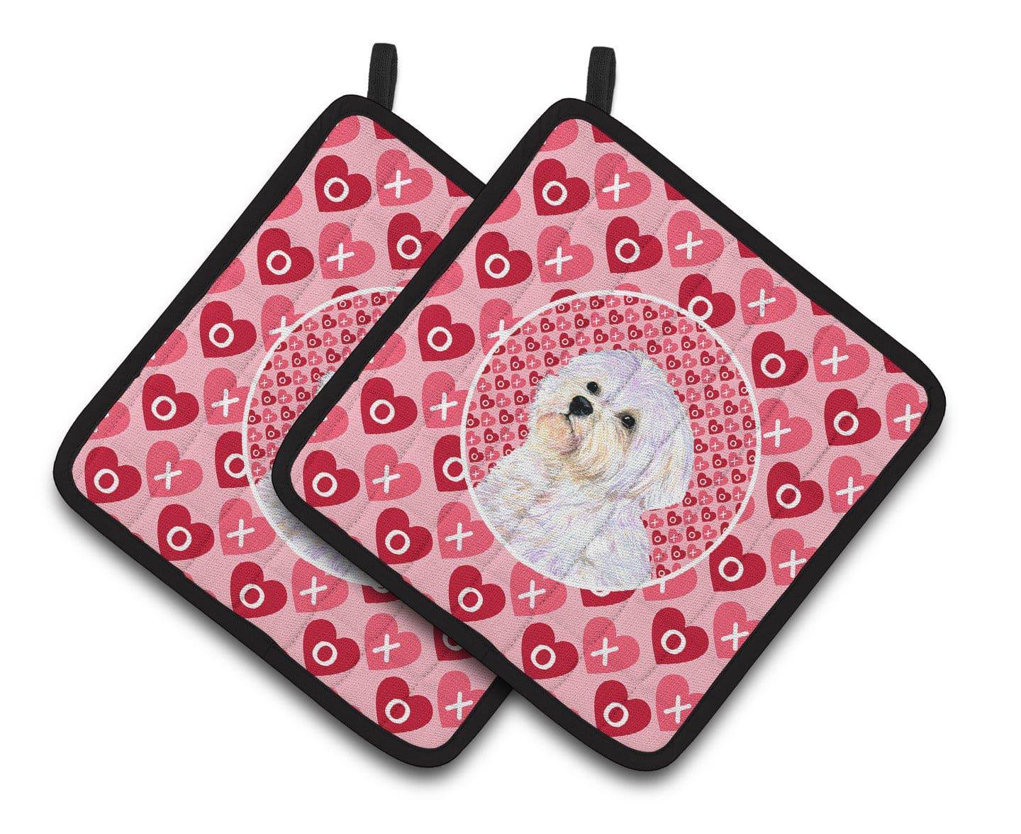 Maltese Hearts Love and Valentine's Day Portrait Pot Holder Set of 2 Heat Resistant Quilted Hot Pads 7.5 x 7.5 Inch, Insulated Kitchen Trivets for Cooking & Baking