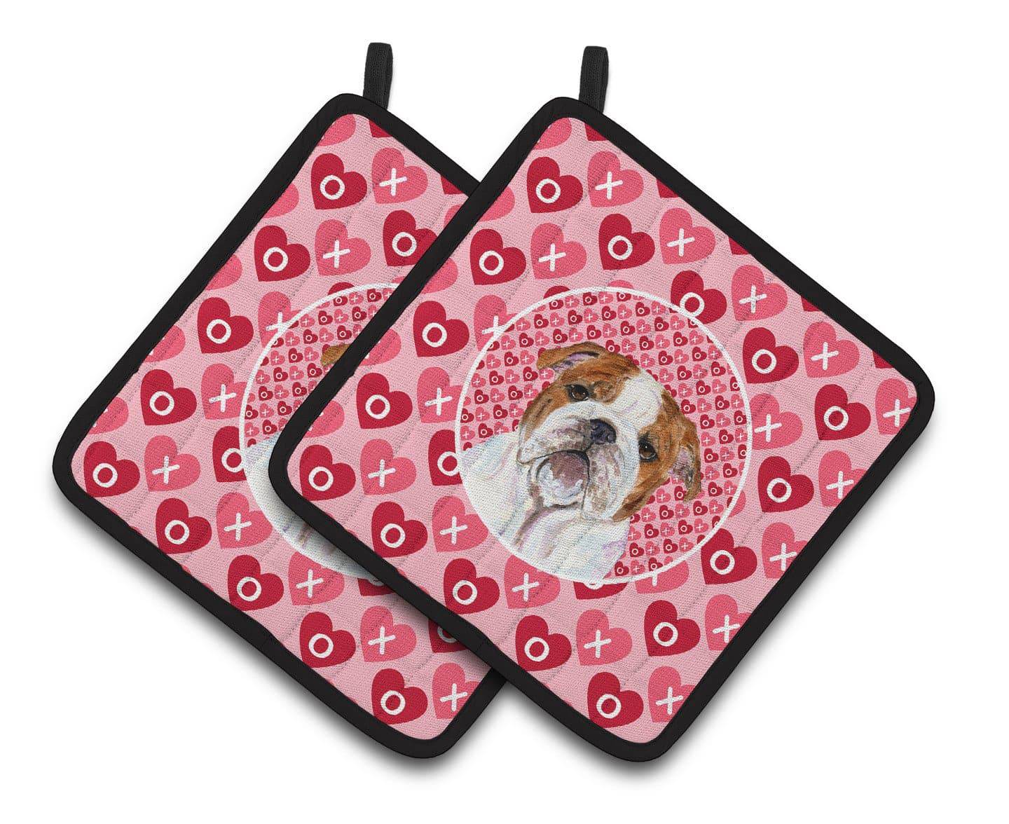 Bulldog English Hearts Love Valentine's Day Pot Holder Set of 2 Heat Resistant Quilted Hot Pads 7.5 x 7.5 Inch, Insulated Kitchen Trivets for Cooking & Baking