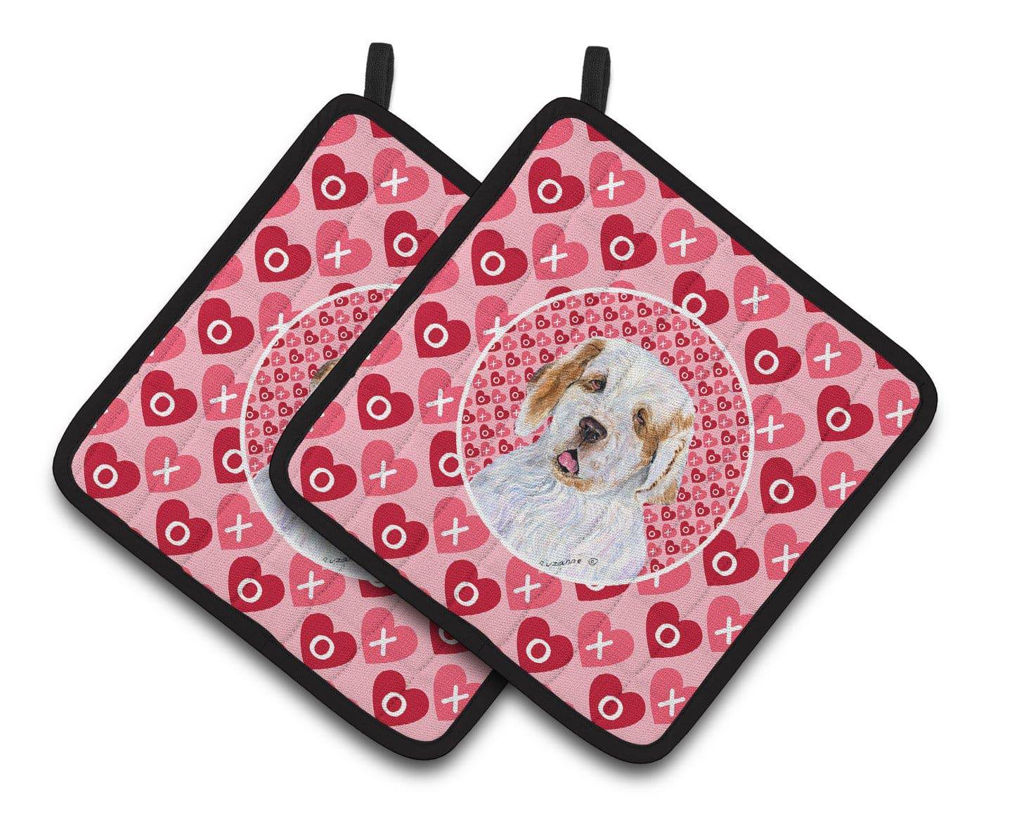 Clumber Spaniel Hearts Love and Valentine's Day Portrait Pot Holder Set of 2 Heat Resistant Quilted Hot Pads 7.5 x 7.5 Inch, Insulated Kitchen Trivets for Cooking & Baking