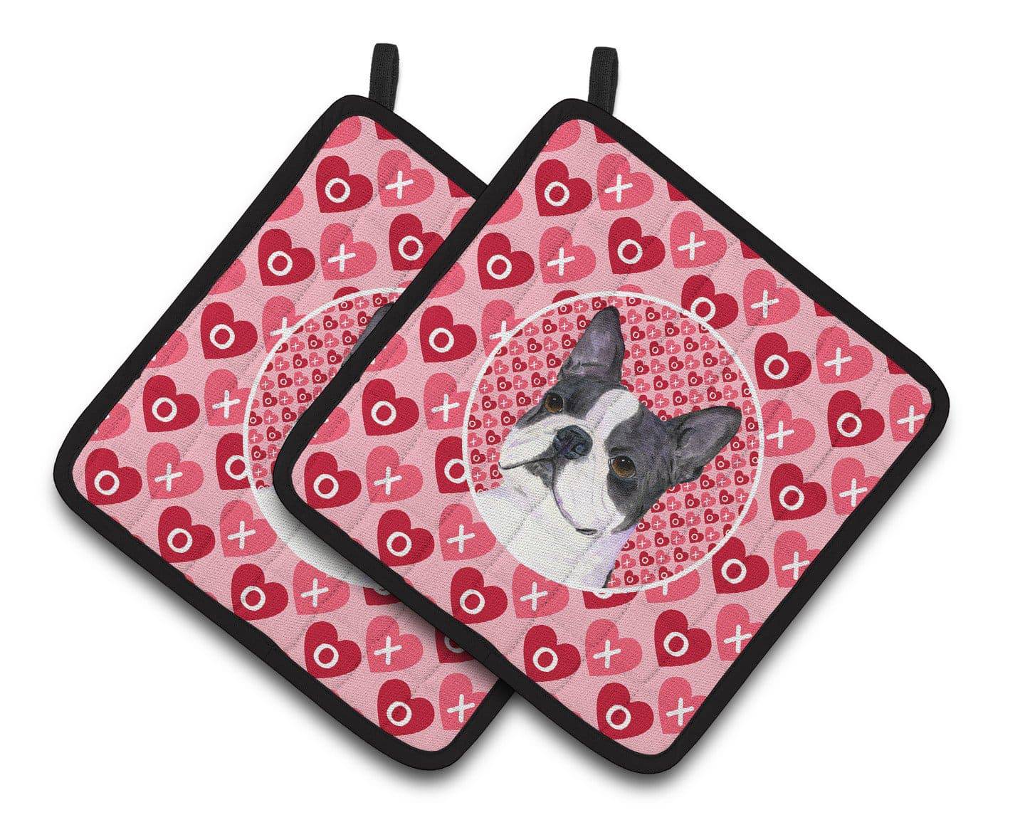Boston Terrier Hearts Love Valentine's Day Pot Holder Set of 2 Heat Resistant Quilted Hot Pads 7.5 x 7.5 Inch, Insulated Kitchen Trivets for Cooking & Baking