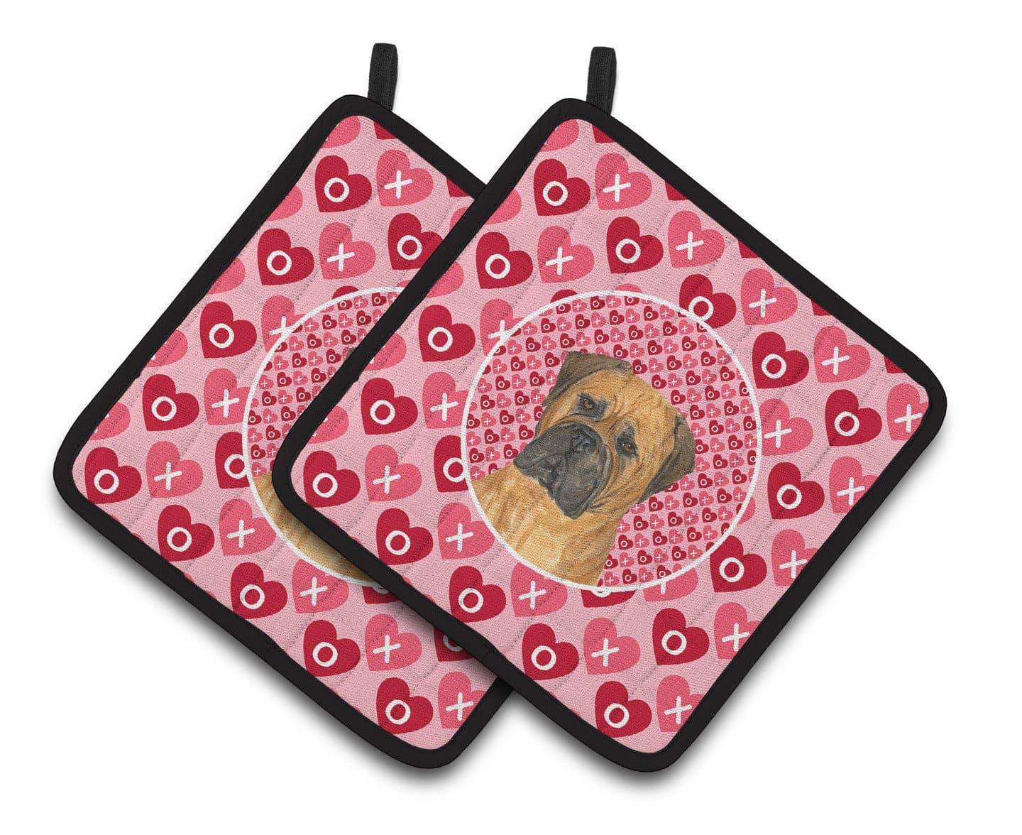 Bullmastiff Hearts Love and Valentine's Day Portrait Pot Holder Set of 2 Heat Resistant Quilted Hot Pads 7.5 x 7.5 Inch, Insulated Kitchen Trivets for Cooking & Baking