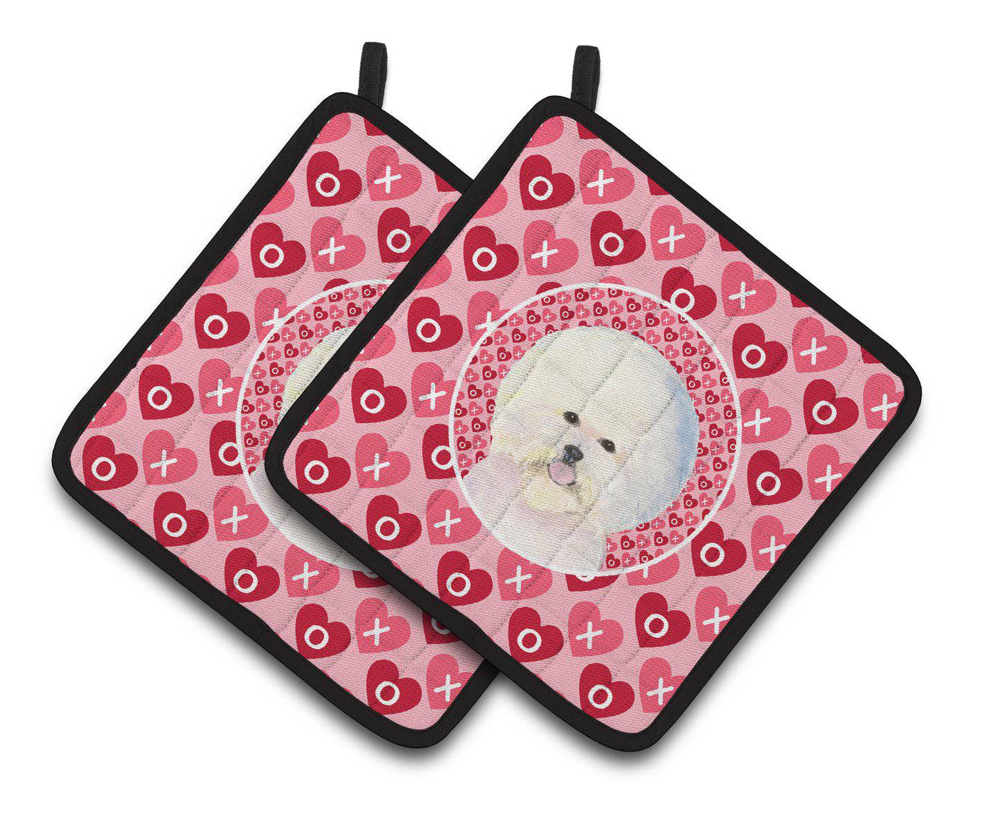 Bichon Frise Hearts Love and Valentine's Day Portrait Pot Holder Set of 2 Heat Resistant Quilted Hot Pads 7.5 x 7.5 Inch, Insulated Kitchen Trivets for Cooking & Baking