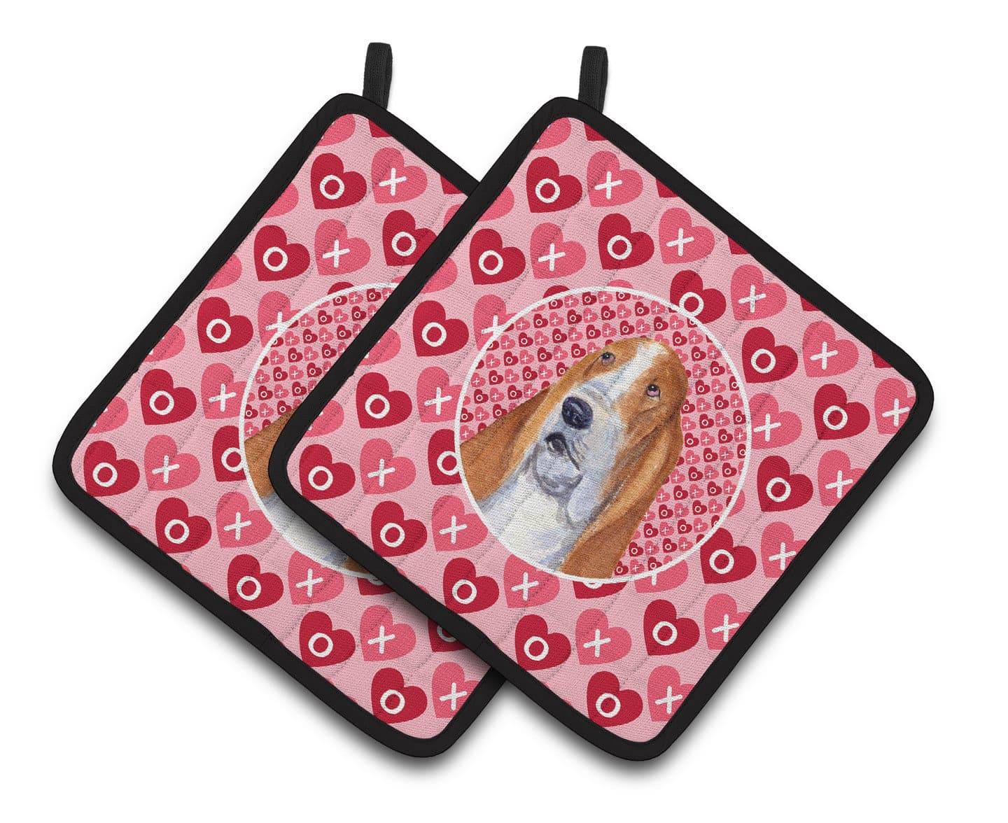 Basset Hound Hearts Love and Valentine's Day Portrait Pot Holder Set of 2 Heat Resistant Quilted Hot Pads 7.5 x 7.5 Inch, Insulated Kitchen Trivets for Cooking & Baking