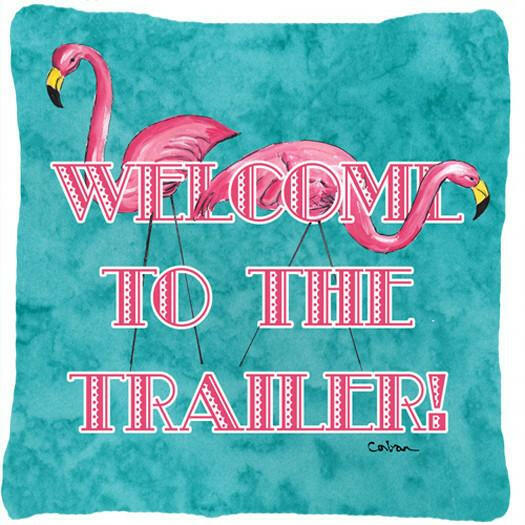 Welcome to the Trailer with Flamingos Decorative Throw Pillow 14x14 Indoor Outdoor Accent Cushion, Fabric Cover with Insert for Sofa, Bed, Porch & Living Room