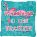 Welcome to the Trailer with Flamingos Decorative Throw Pillow 14x14 Indoor Outdoor Accent Cushion, Fabric Cover with Insert for Sofa, Bed, Porch & Living Room