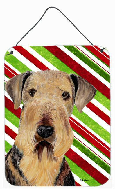 Airedale Candy Cane Holiday Christmas Wall or Door Hanging Prints Aluminum Metal Sign Kitchen Wall Bar Bathroom Plaque Home Decor Front Door Plaque, 12x16, Multicolor