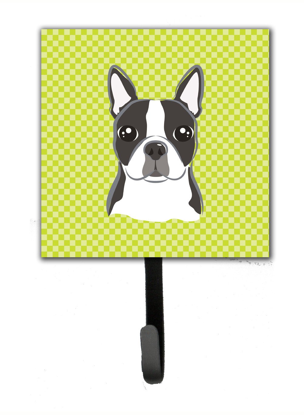 Checkerboard Lime Green Boston Terrier Leash or Key Holder Wall Hooks, Key Hooks Holder, Coat Rack Wall Mount, Coat Hooks, Hooks for Hanging Keys, Towels, Aprons, Leashes