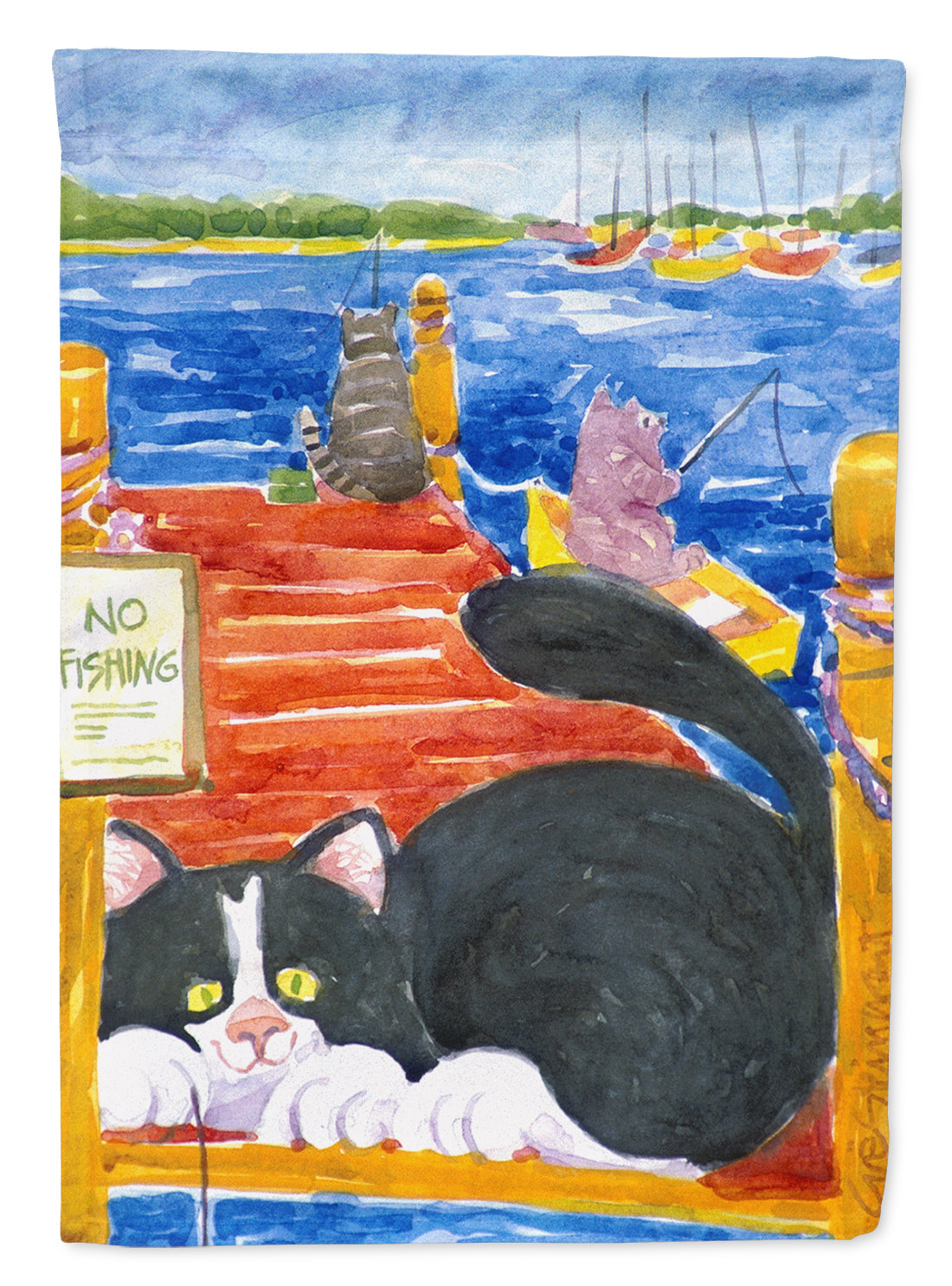 Cat Fishing from the dock House Flag 28x40 Porch Sleeve Pole Decorative Outside Yard Banner Artwork Wall Hanging, Polyester