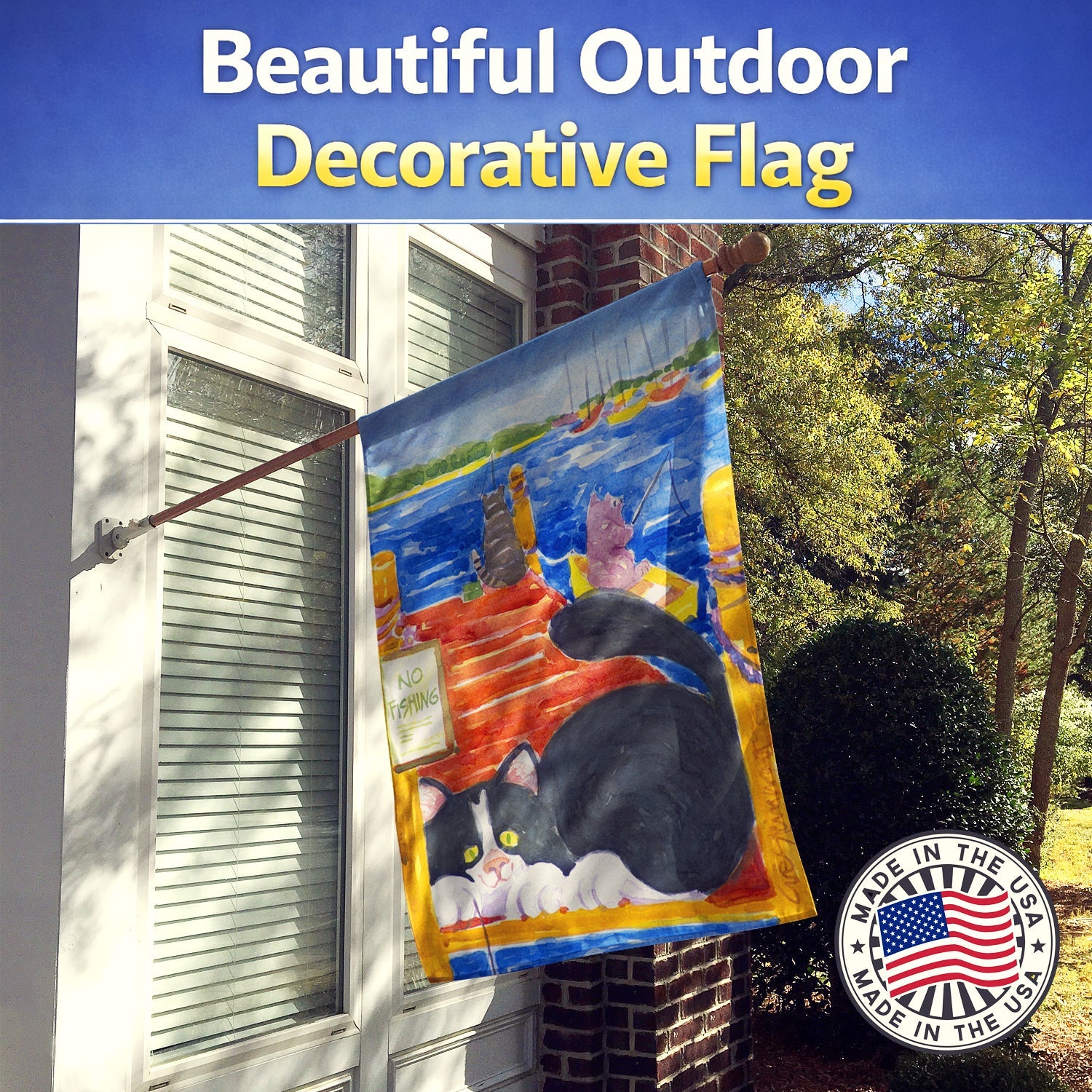 Cat Fishing from the dock House Flag 28x40 Porch Sleeve Pole Decorative Outside Yard Banner Artwork Wall Hanging, Polyester