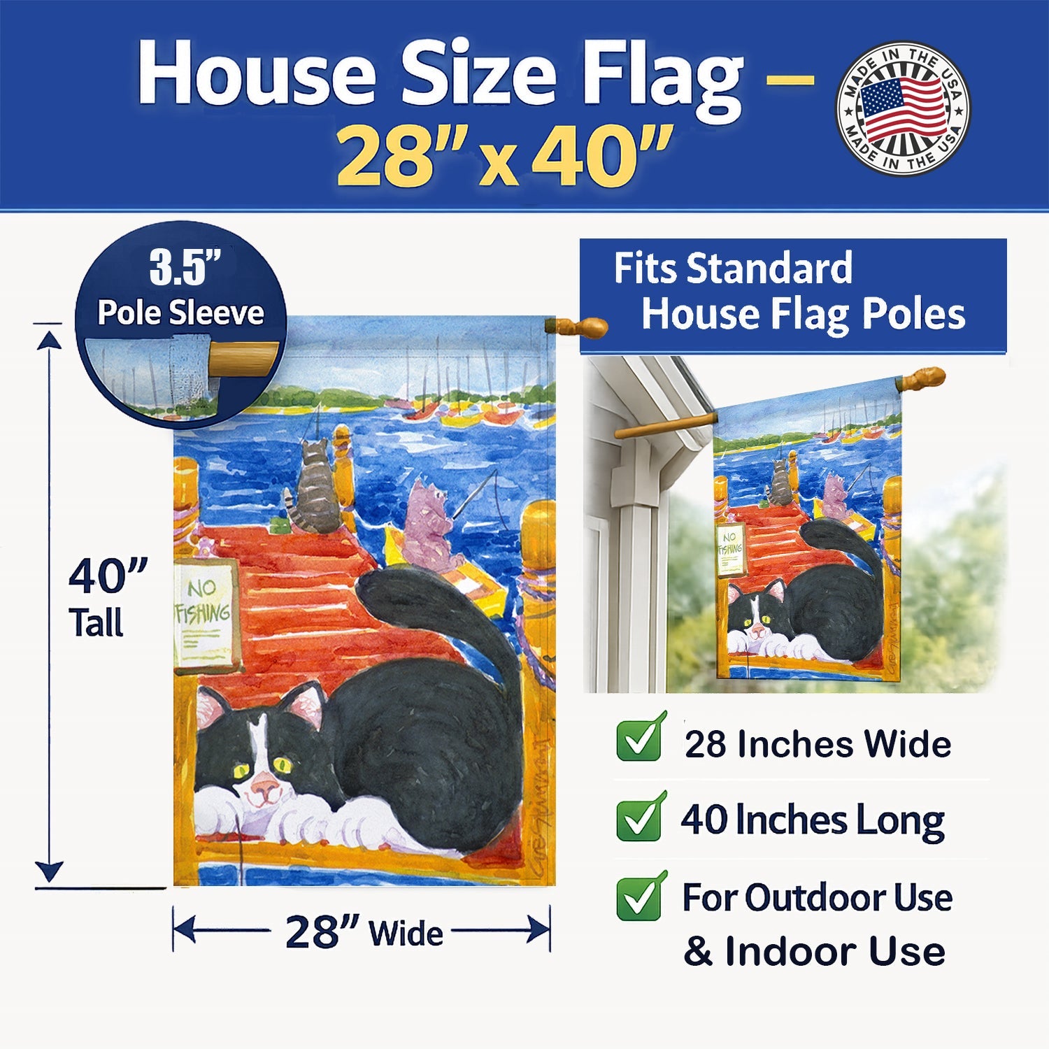 Cat Fishing from the dock House Flag 28x40 Porch Sleeve Pole Decorative Outside Yard Banner Artwork Wall Hanging, Polyester