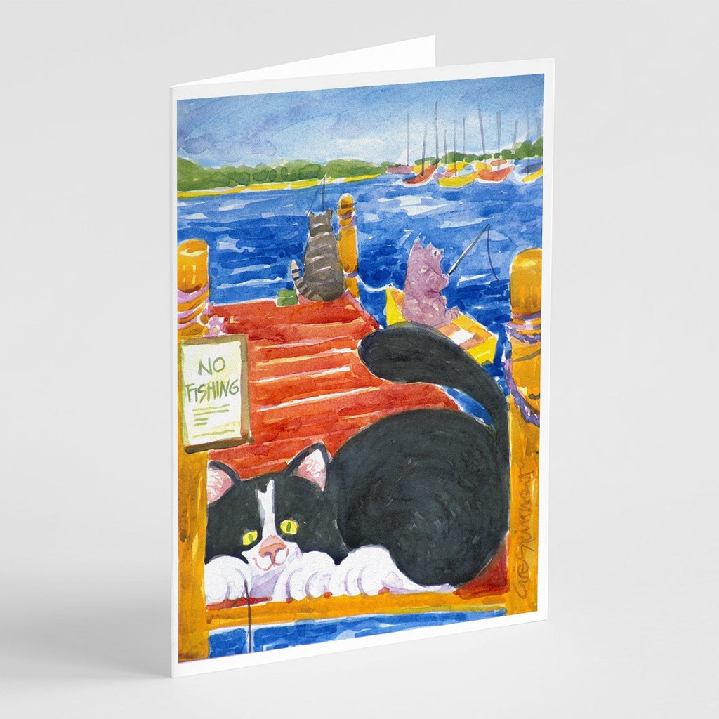 Cat Fishing from the dock Greeting Cards Pack of 8 Blank Cards with Envelopes Whimsical A7 Size 5x7