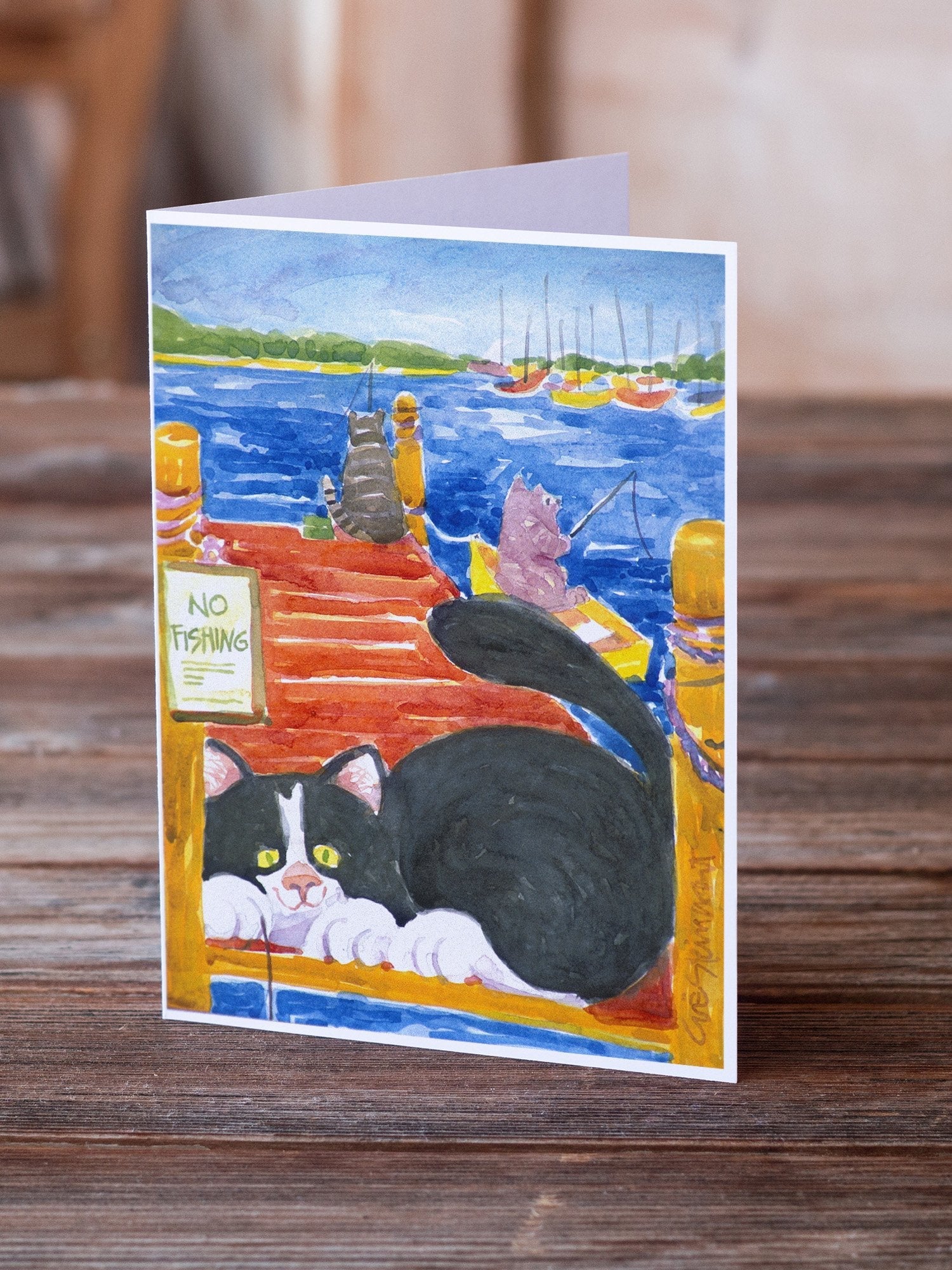 Cat Fishing from the dock Greeting Cards Pack of 8 Blank Cards with Envelopes Whimsical A7 Size 5x7