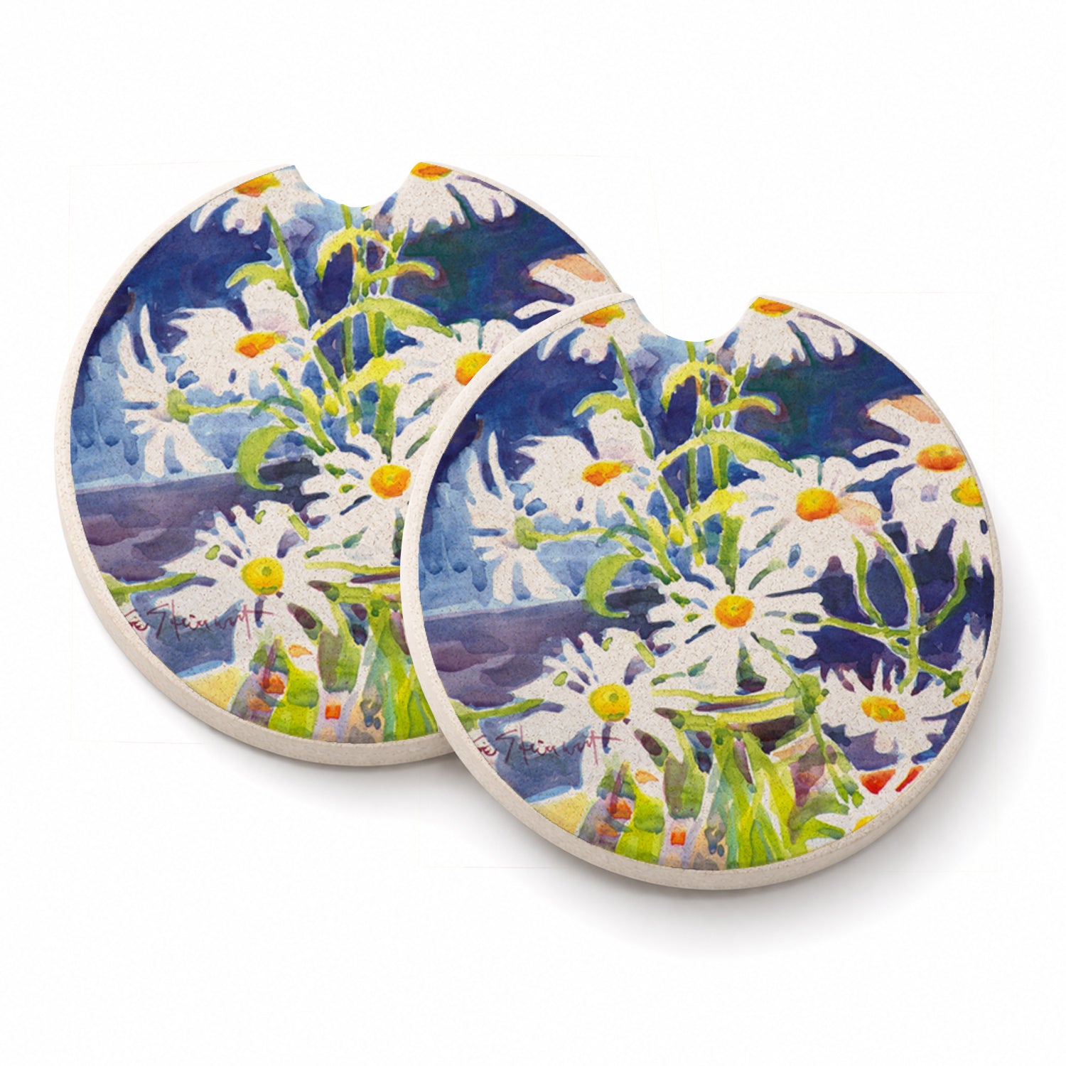 Flowers - Daisy Set of 2 Cup Holder Car Coasters Absorbent Round Sandstone Coasters Gifts for Men or Women, 2.5, Multicolor
