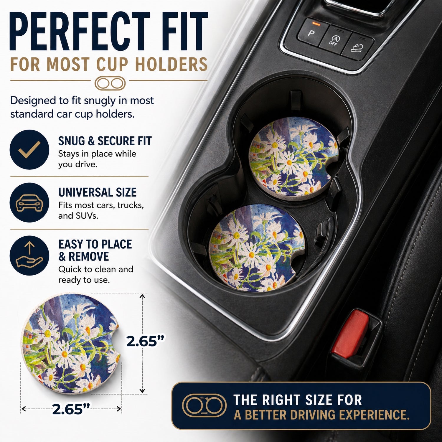 Flowers - Daisy Set of 2 Cup Holder Car Coasters Absorbent Round Sandstone Coasters Gifts for Men or Women, 2.5, Multicolor