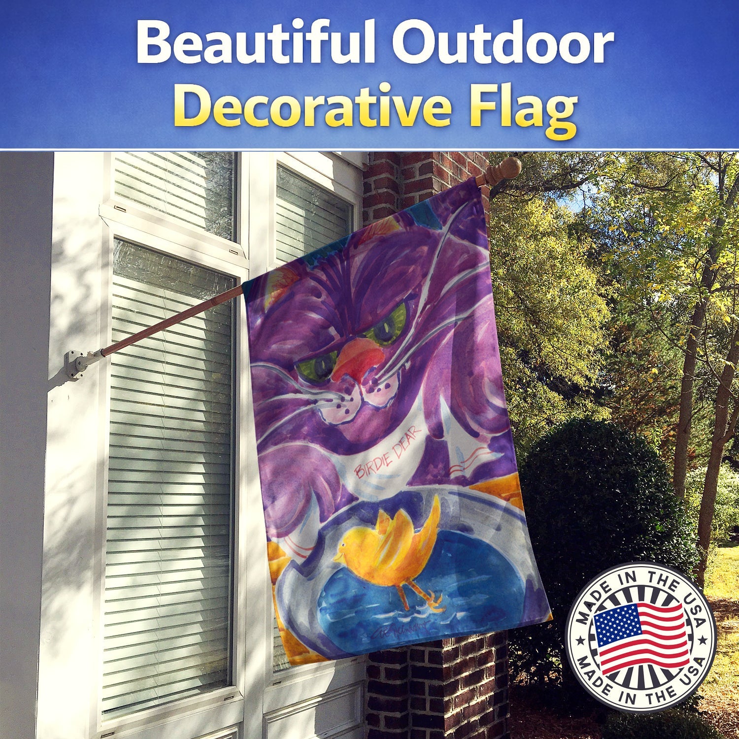 Purple Cat Birdie Dear House Flag 28x40 Porch Sleeve Pole Decorative Outside Yard Banner Artwork Wall Hanging, Polyester