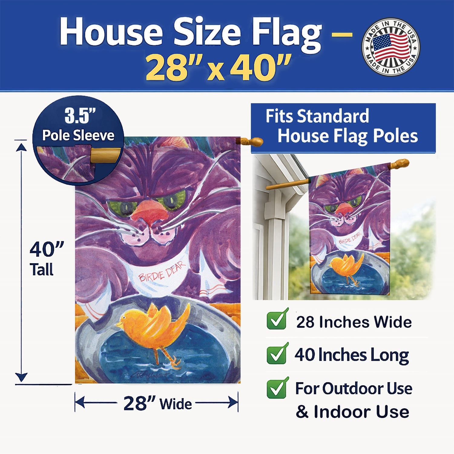 Purple Cat Birdie Dear House Flag 28x40 Porch Sleeve Pole Decorative Outside Yard Banner Artwork Wall Hanging, Polyester