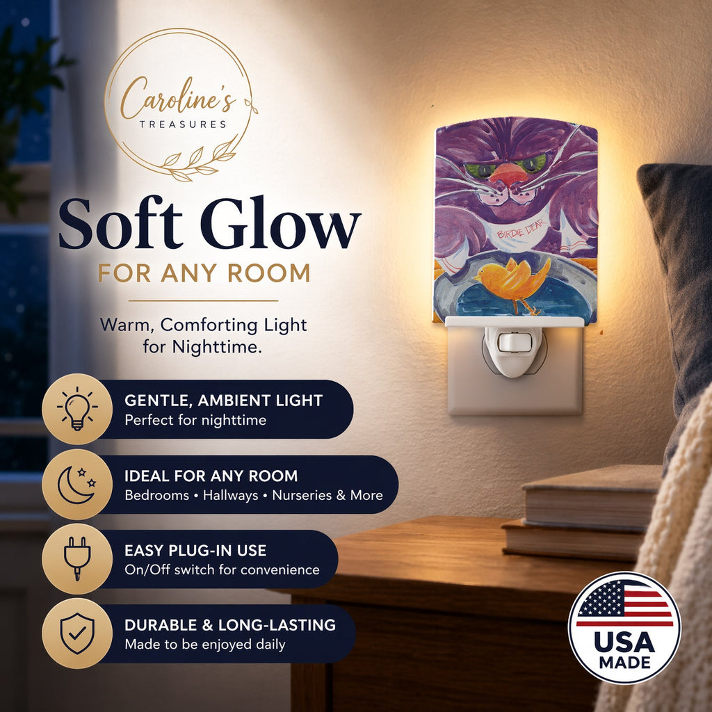 Purple Cat Birdie Dear Ceramic Night Light Compact, UL-Certified, Ideal for Bedroom, Bathroom, Nursery, Hallway, Kitchen, 6x4x3, Multicolor