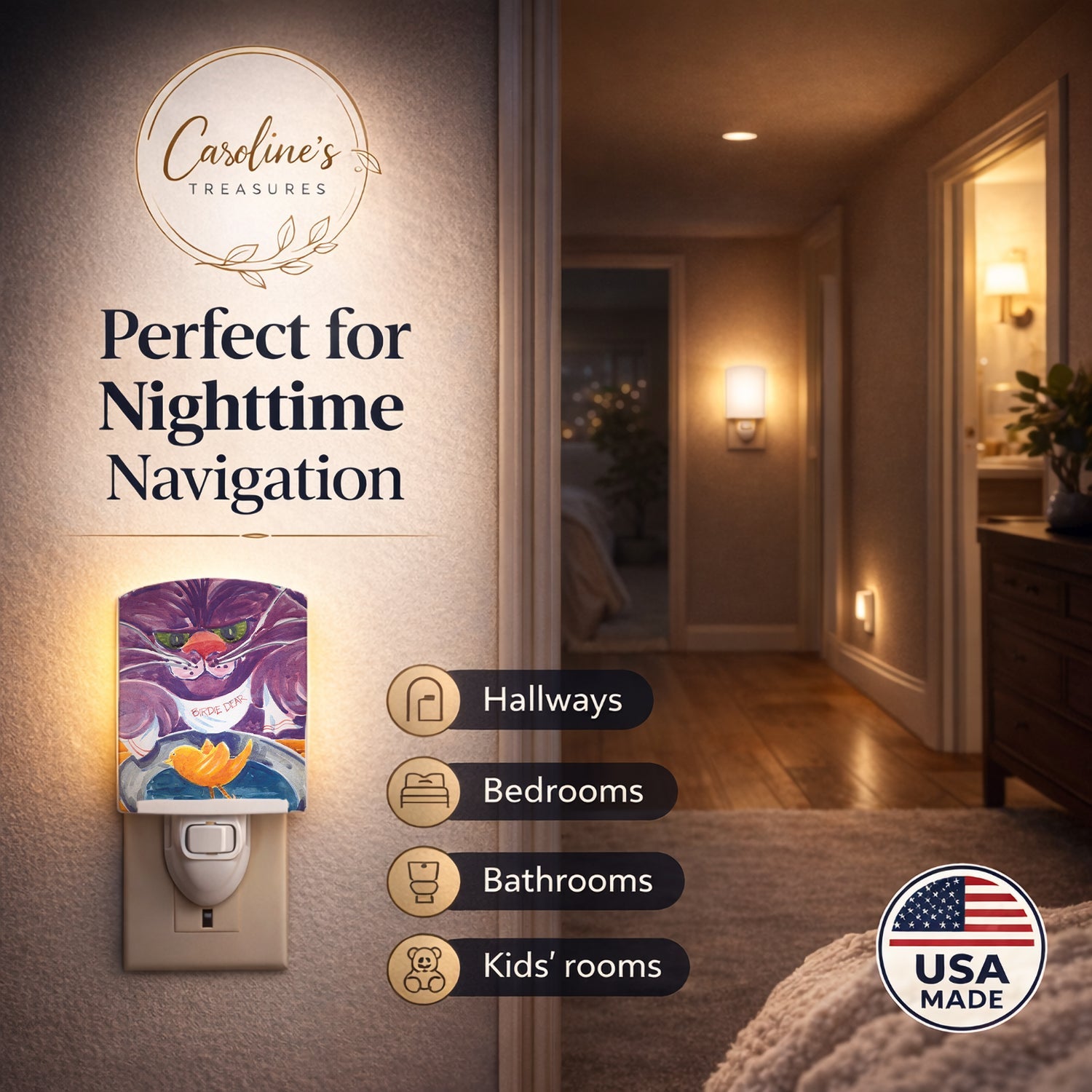 Purple Cat Birdie Dear Ceramic Night Light Compact, UL-Certified, Ideal for Bedroom, Bathroom, Nursery, Hallway, Kitchen, 6x4x3, Multicolor