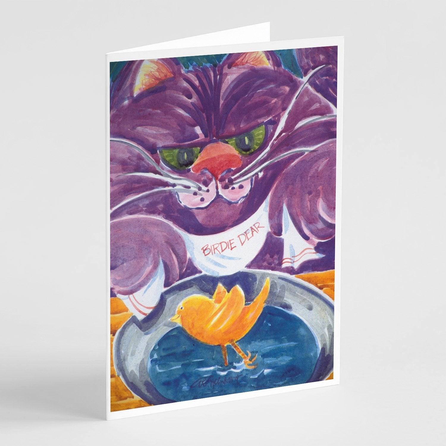 Purple Cat Birdie Dear Greeting Cards Pack of 8 Blank Cards with Envelopes Whimsical A7 Size 5x7