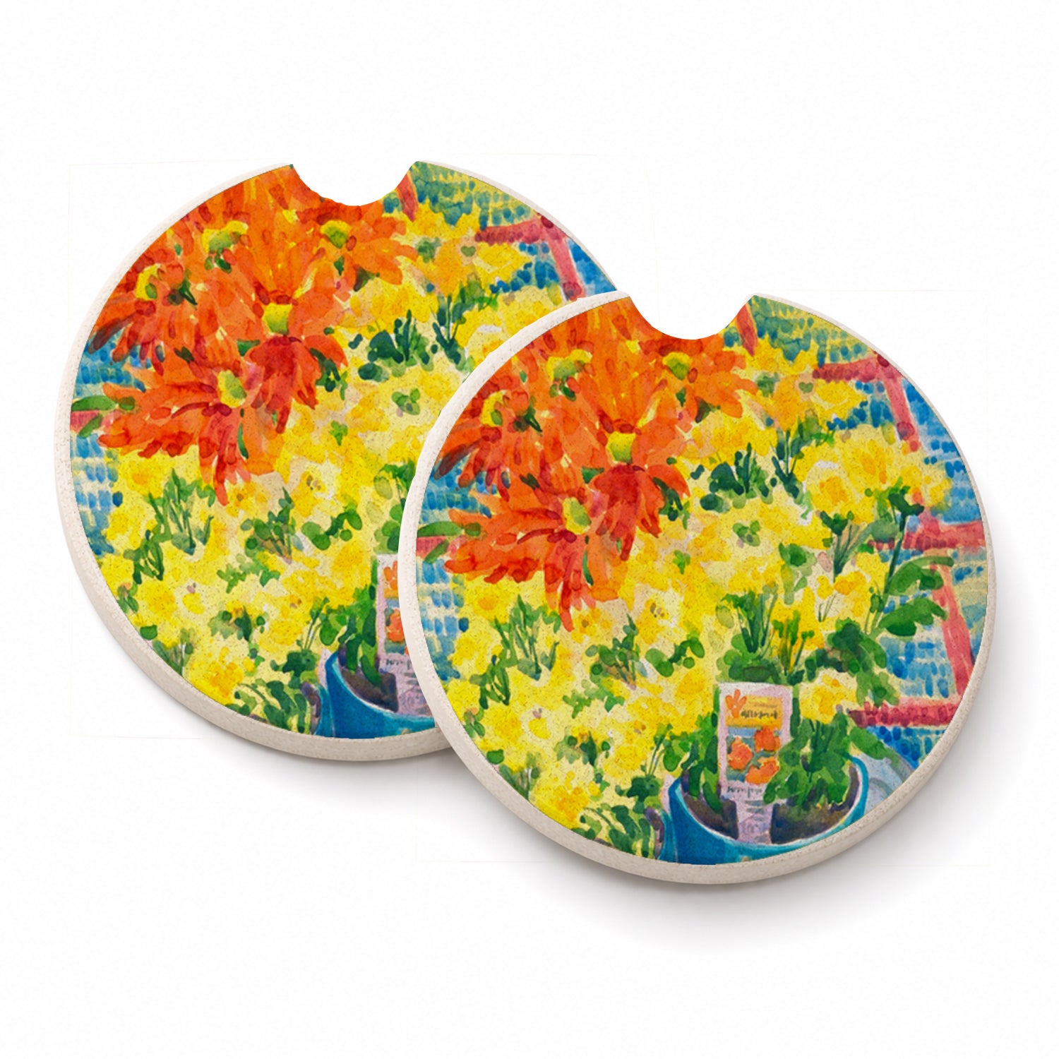 Flower - Mums Set of 2 Cup Holder Car Coasters Absorbent Round Sandstone Coasters Gifts for Men or Women, 2.5, Multicolor