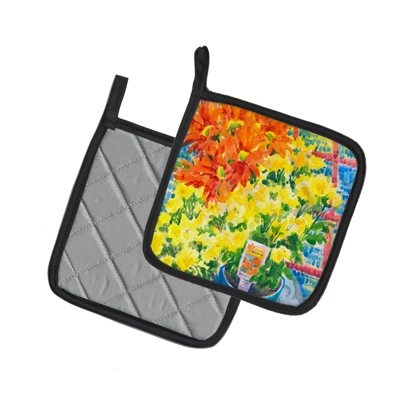 Flower - Mums Pot Holder Set of 2 Heat Resistant Quilted Hot Pads 7.5 x 7.5 Inch, Insulated Kitchen Trivets for Cooking & Baking