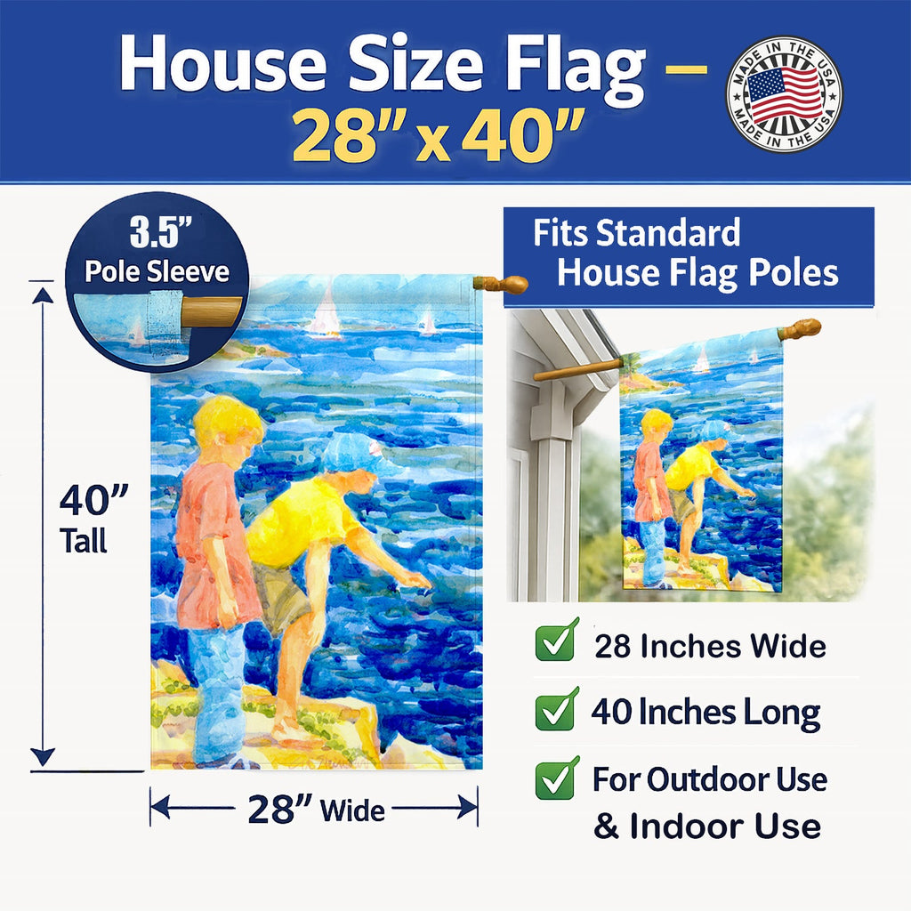 The Boys at the water House Flag 28x40 Porch Sleeve Pole Decorative Outside Yard Banner Artwork Wall Hanging, Polyester