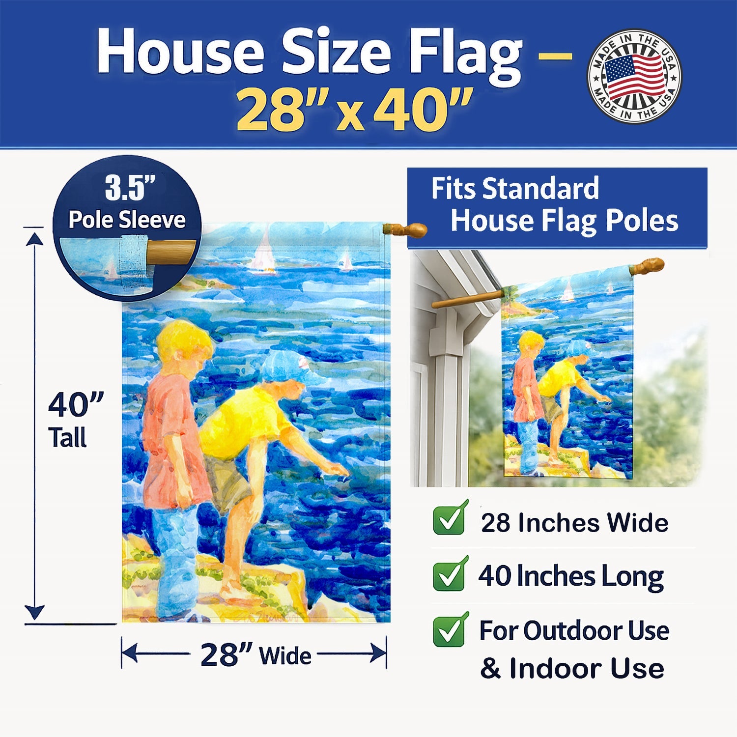 The Boys at the water House Flag 28x40 Porch Sleeve Pole Decorative Outside Yard Banner Artwork Wall Hanging, Polyester