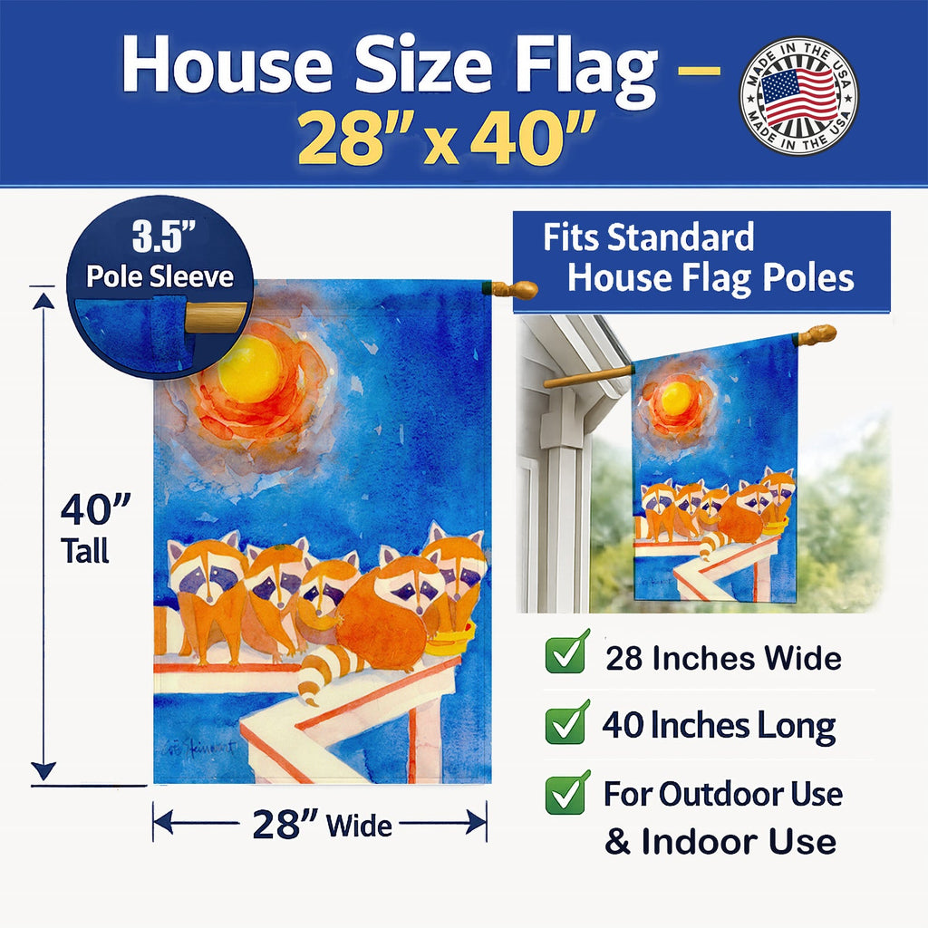 Raccoons on the railing House Flag 28x40 Porch Sleeve Pole Decorative Outside Yard Banner Artwork Wall Hanging, Polyester