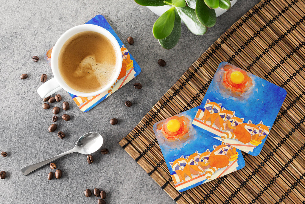 Raccoons on the railing Foam Coasters Set of 4 Cup Coasters for Indoor Outdoor, Tabletop Protection, Anti Slip, Mouse pad Material