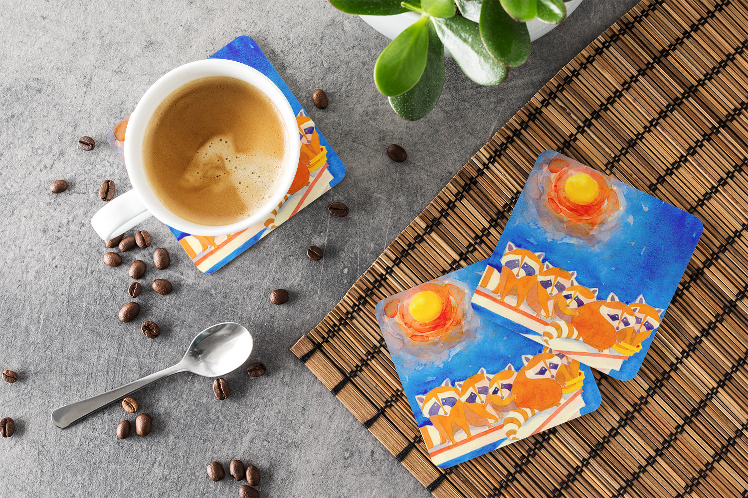 Raccoons on the railing Foam Coasters Set of 4 Cup Coasters for Indoor Outdoor, Tabletop Protection, Anti Slip, Mouse pad Material