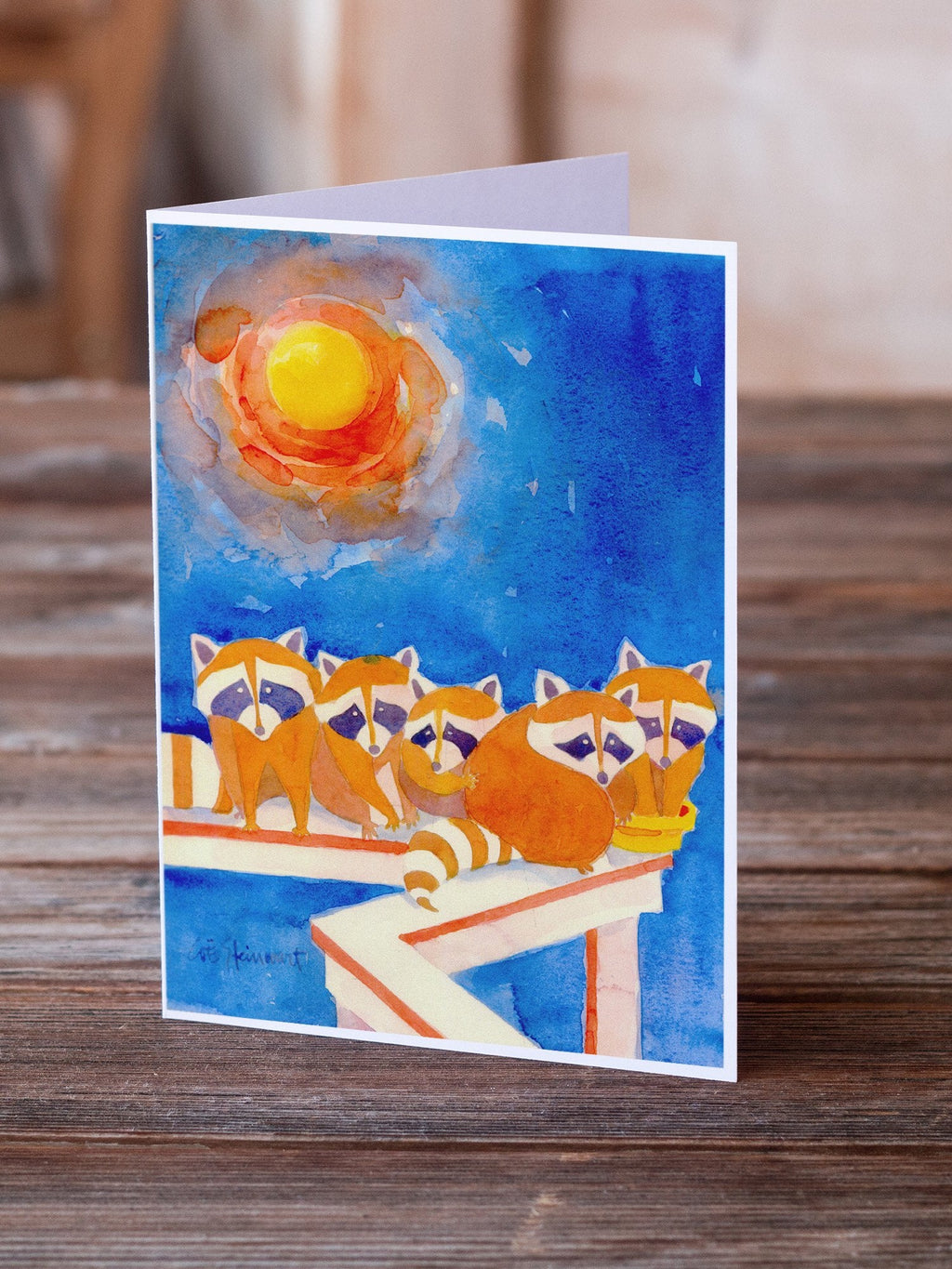 Raccoons on the railing Greeting Cards Pack of 8 Blank Cards with Envelopes Whimsical A7 Size 5x7