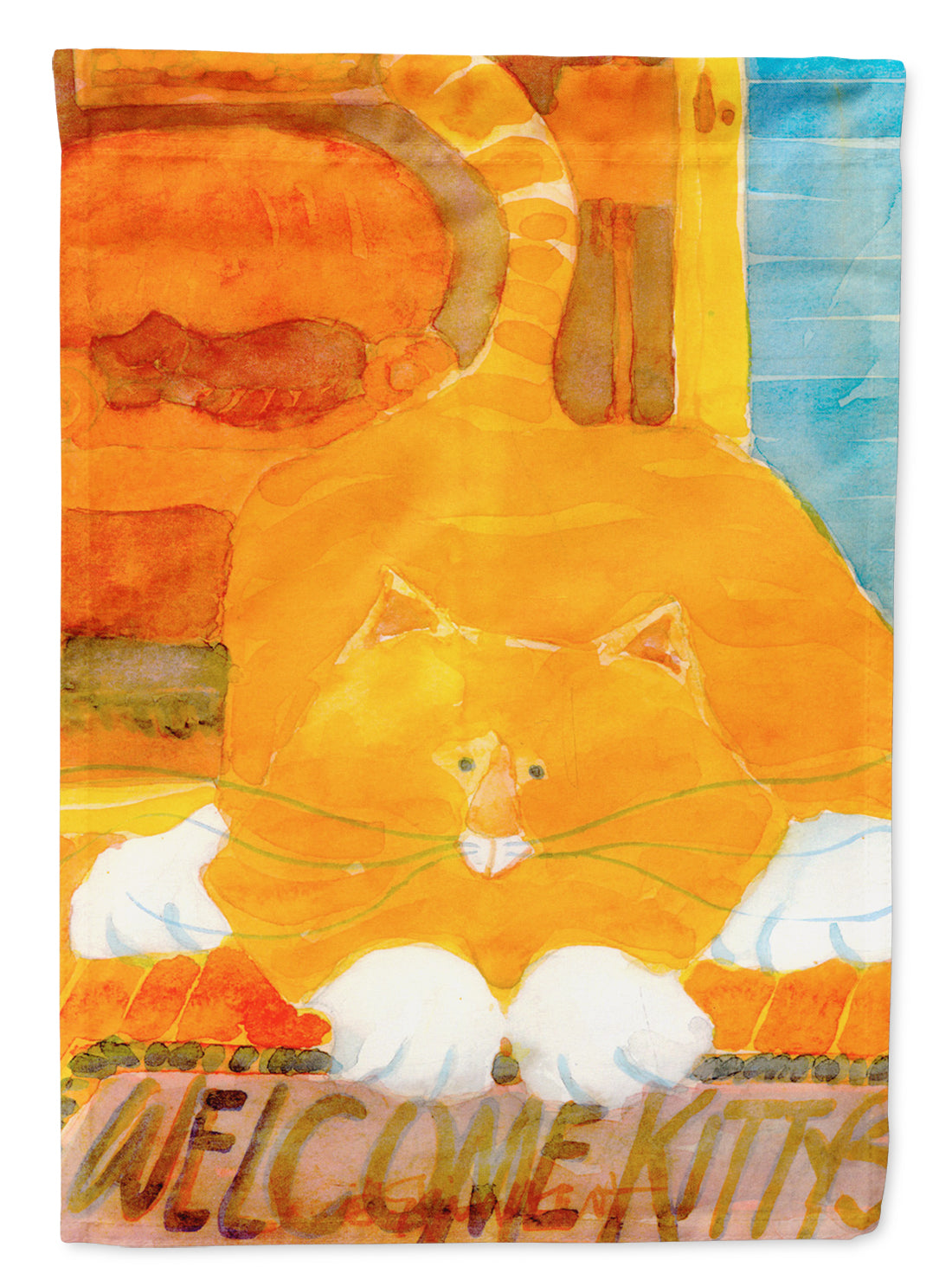 Big Orange Cat Welcome House Flag 28x40 Porch Sleeve Pole Decorative Outside Yard Banner Artwork Wall Hanging, Polyester