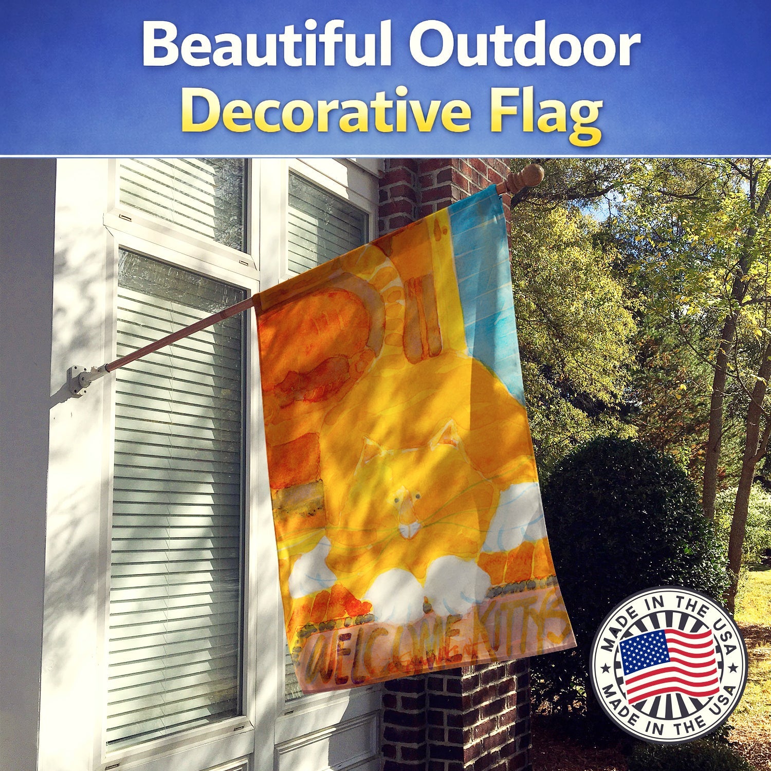 Big Orange Cat Welcome House Flag 28x40 Porch Sleeve Pole Decorative Outside Yard Banner Artwork Wall Hanging, Polyester