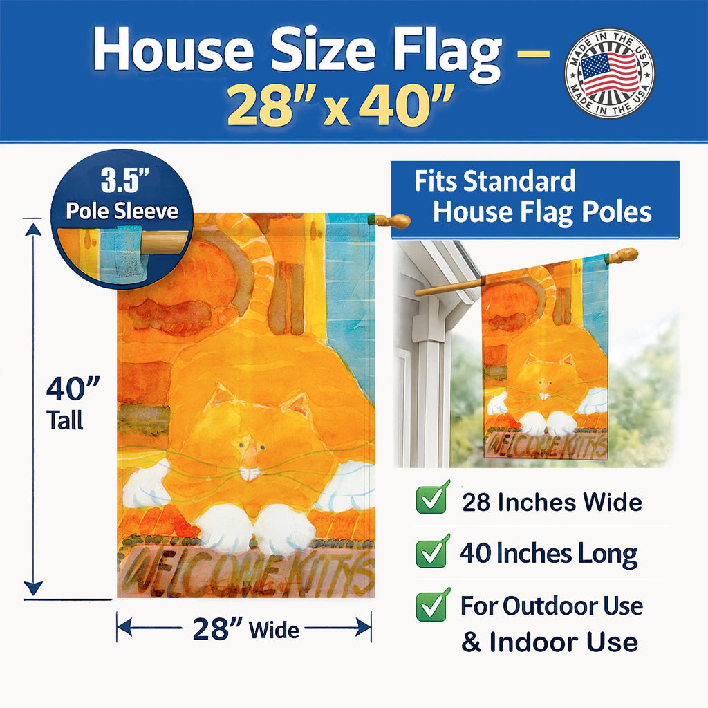 Big Orange Cat Welcome House Flag 28x40 Porch Sleeve Pole Decorative Outside Yard Banner Artwork Wall Hanging, Polyester