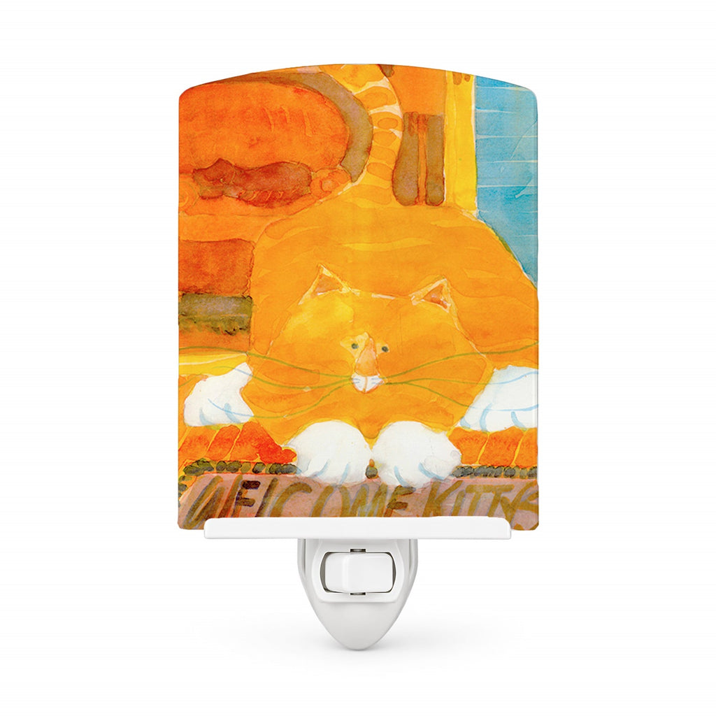 Big Orange Cat Welcome Ceramic Night Light Compact, UL-Certified, Ideal for Bedroom, Bathroom, Nursery, Hallway, Kitchen, 6x4x3, Multicolor