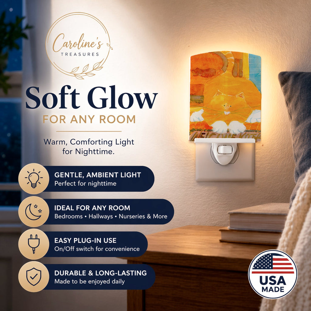 Big Orange Cat Welcome Ceramic Night Light Compact, UL-Certified, Ideal for Bedroom, Bathroom, Nursery, Hallway, Kitchen, 6x4x3, Multicolor