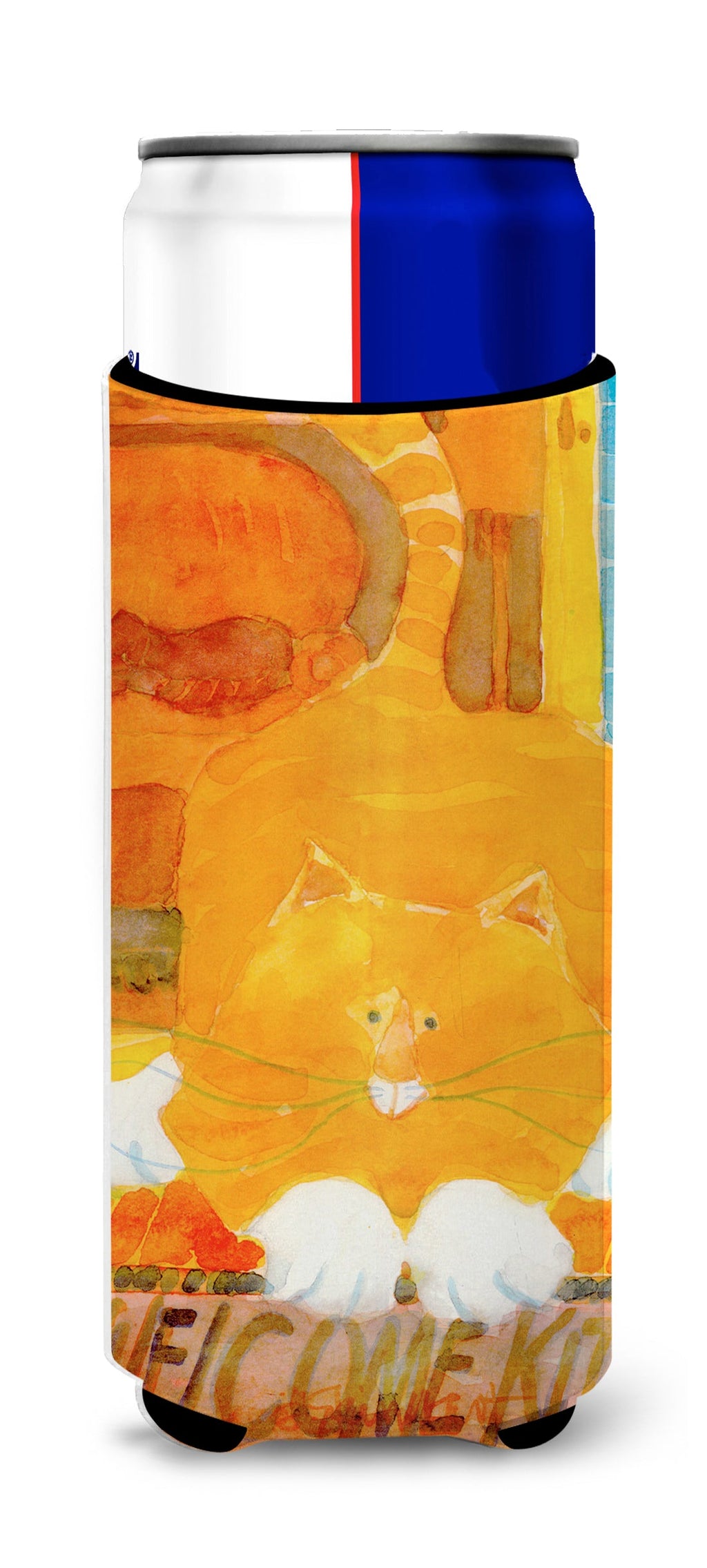 Big Orange Cat Welcome Slim Can Hugger , Insulated Foam Hugger for 12 oz Slim Cans, Beer Bottles & Water Bottles, Printed in USA