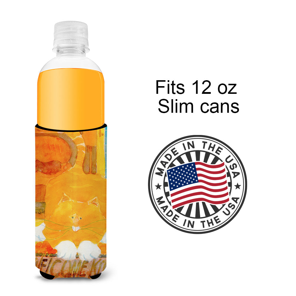 Big Orange Cat Welcome Slim Can Hugger , Insulated Foam Hugger for 12 oz Slim Cans, Beer Bottles & Water Bottles, Printed in USA