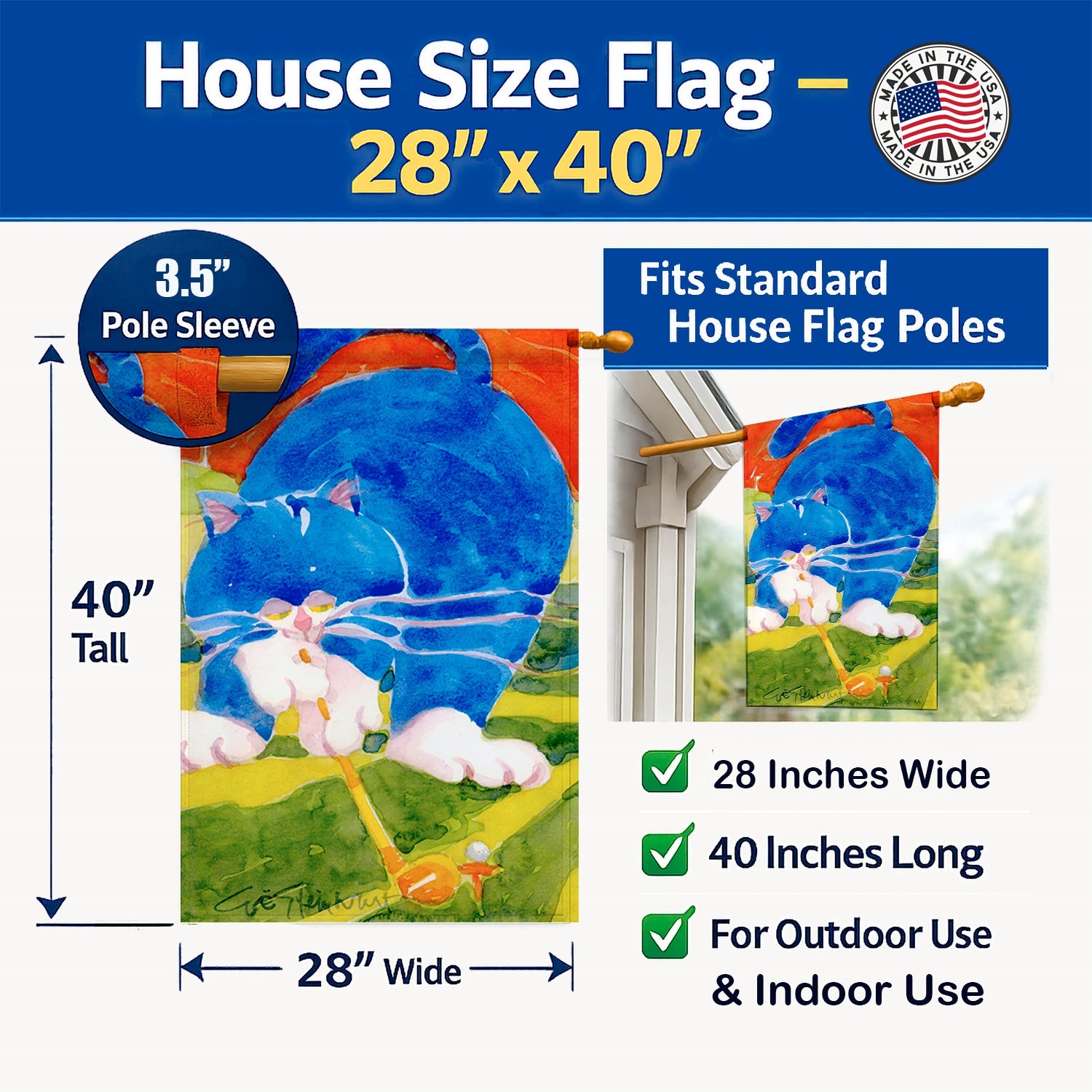 Big Blue the Cat Golfer House Flag 28x40 Porch Sleeve Pole Decorative Outside Yard Banner Artwork Wall Hanging, Polyester