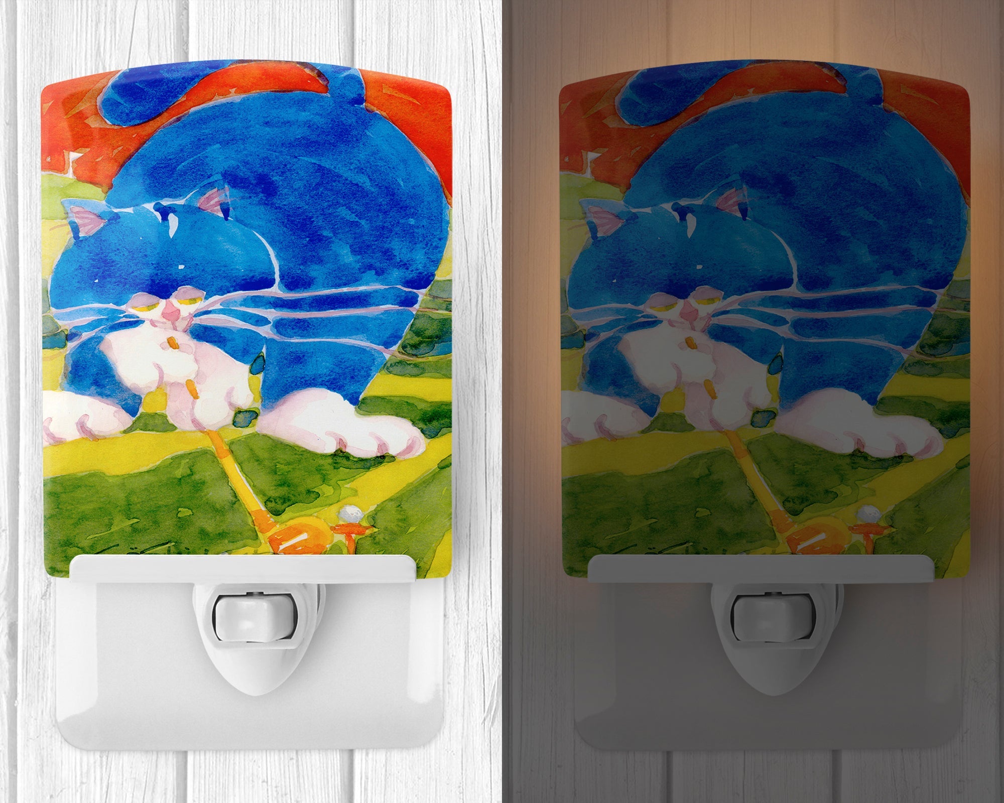 Big Blue the Cat Golfer Ceramic Night Light Compact, UL-Certified, Ideal for Bedroom, Bathroom, Nursery, Hallway, Kitchen, 6x4x3, Multicolor