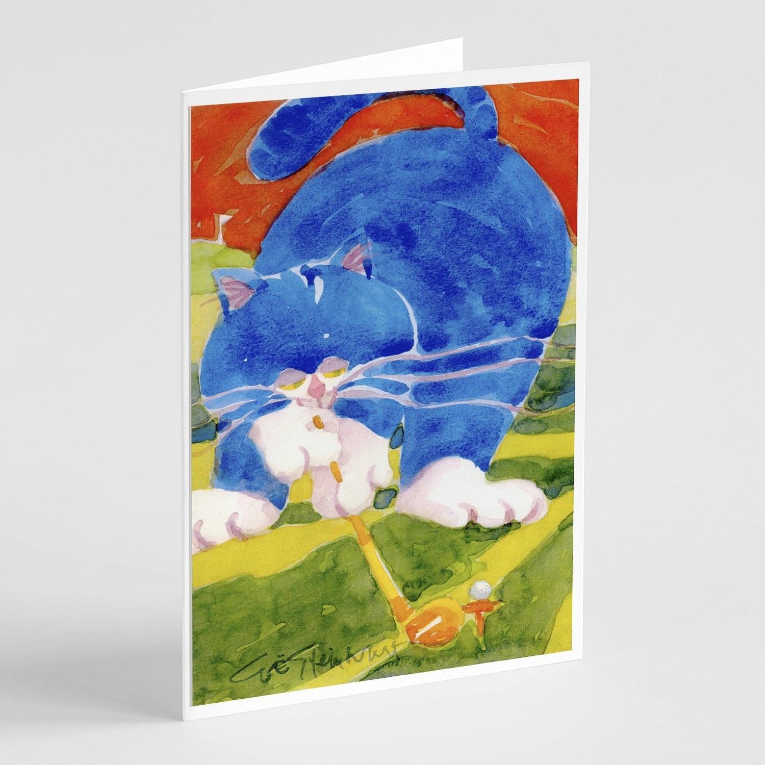 Big Blue the Cat Golfer Greeting Cards Pack of 8 Blank Cards with Envelopes Whimsical A7 Size 5x7