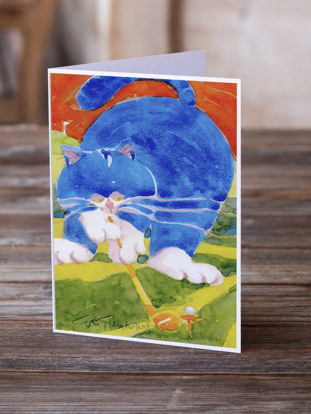 Big Blue the Cat Golfer Greeting Cards Pack of 8 Blank Cards with Envelopes Whimsical A7 Size 5x7