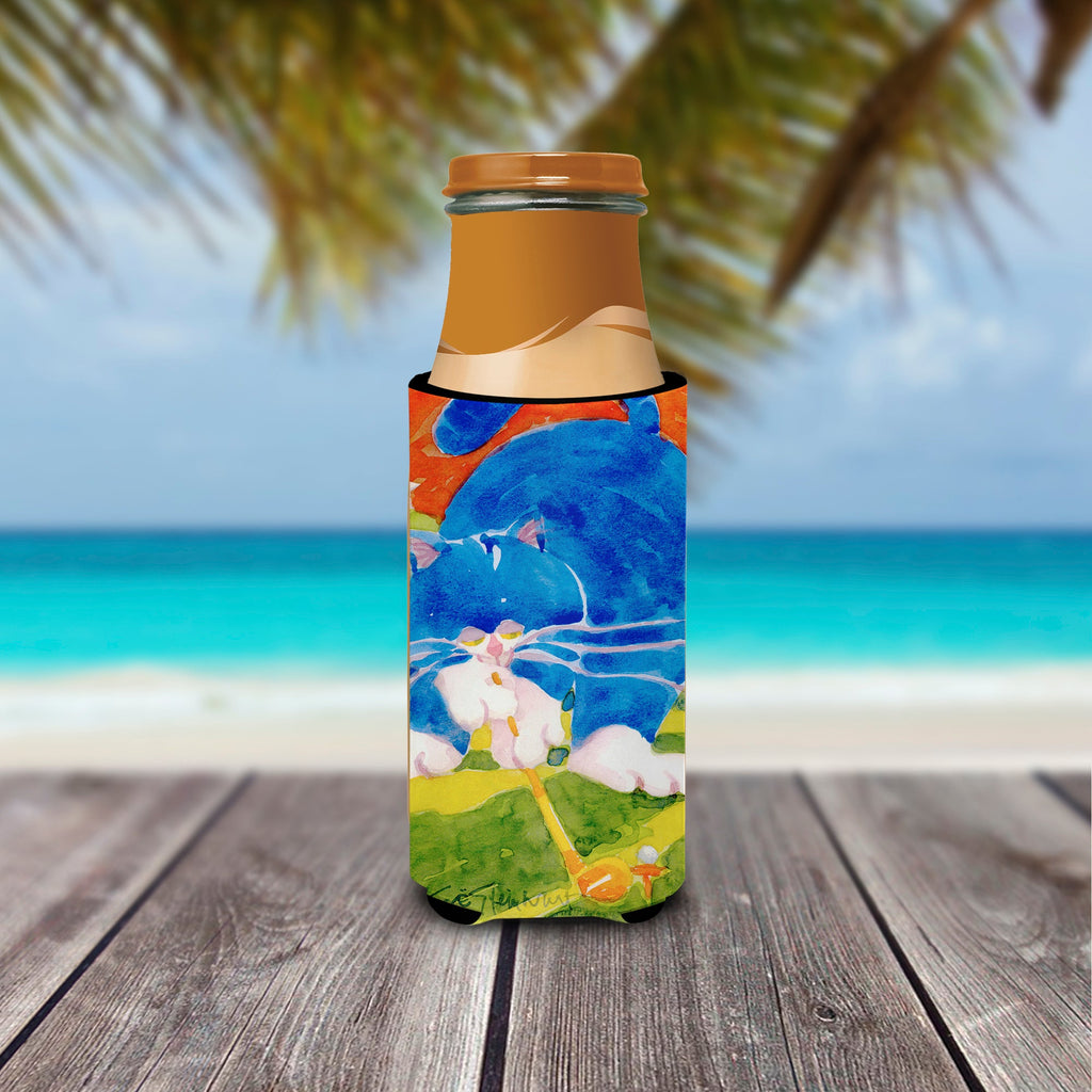 Big Blue the Cat Golfer Slim Can Hugger , Insulated Foam Hugger for 12 oz Slim Cans, Beer Bottles & Water Bottles, Printed in USA
